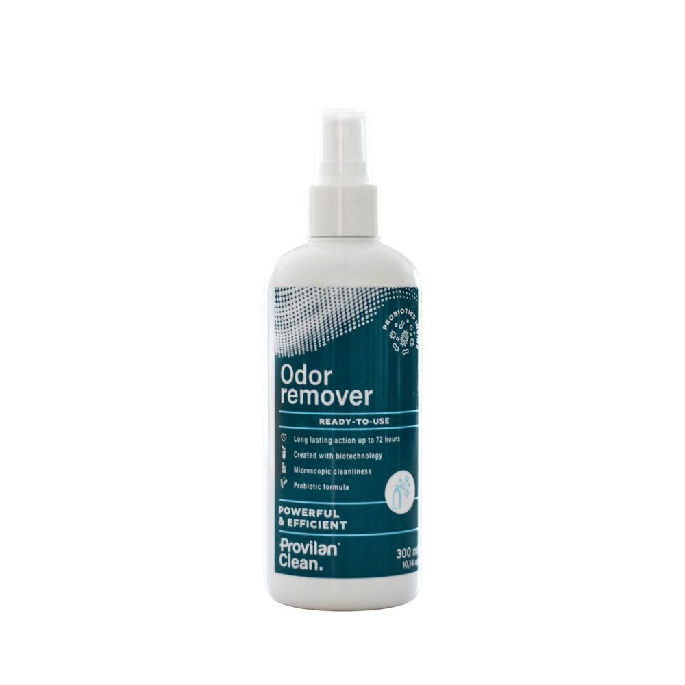 Witte spuitfles met etiket. Opschriften: Odor remover, Probiotics Inside, 300 ml.
