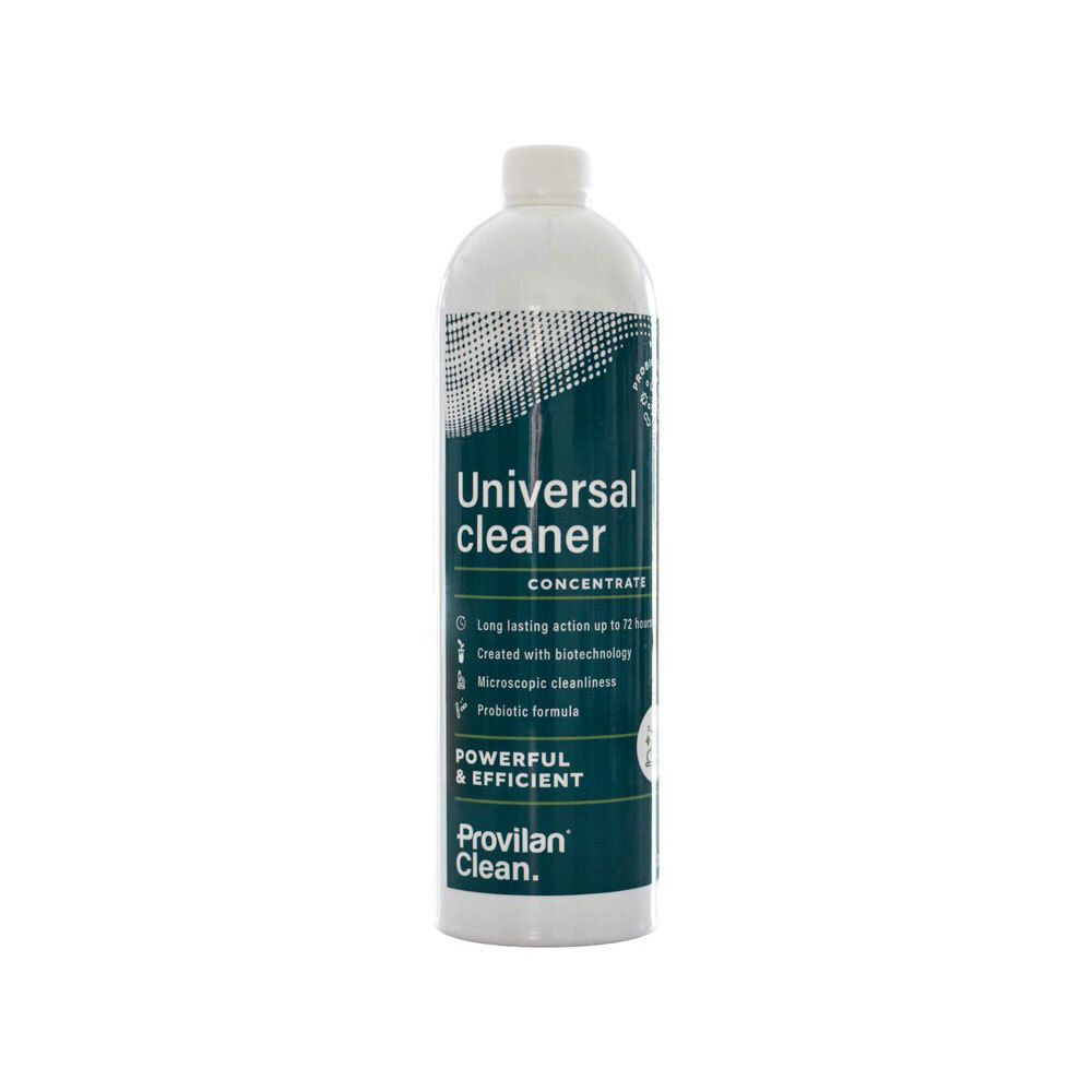Bouteille de concentré de nettoyant universel Provilan Clean. Étiquette vert foncé avec texte blanc.