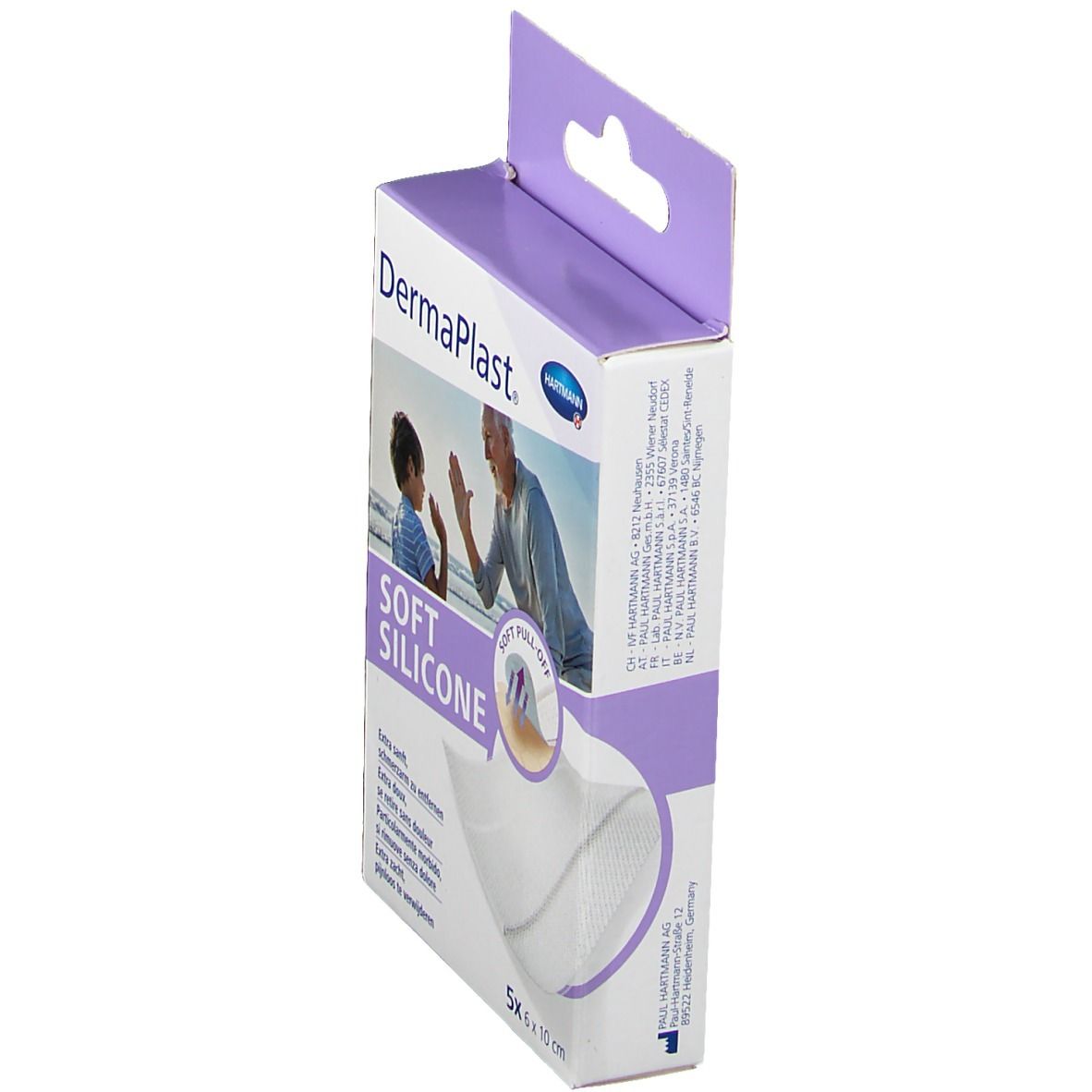 Zijaanzicht van de verpakking van DermaPlast® Soft Silicone pleisters. Afbeelding van man en kind.