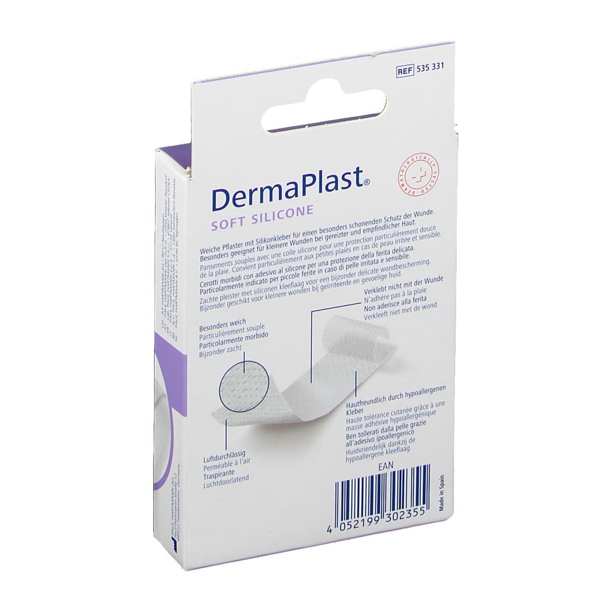Achterkant van de verpakking van DermaPlast® Soft Silicone pleisters. Productinformatie en afbeeldingen.