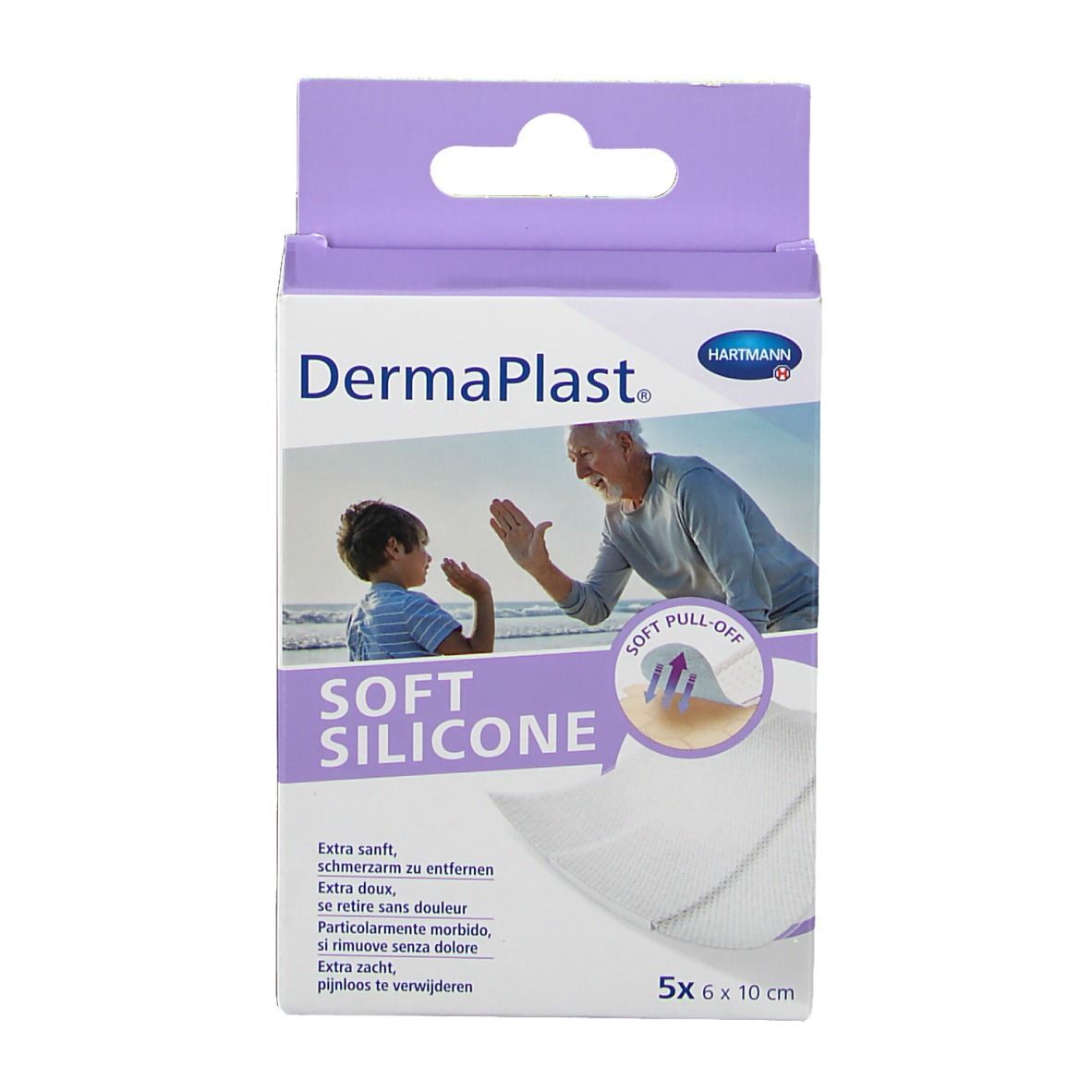 Verpakking van DermaPlast® Soft Silicone pleisters. 5 stuks, 6 x 10 cm. Afbeelding van man en kind.