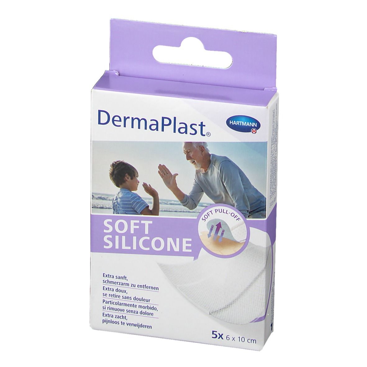 Verpakking van DermaPlast® Soft Silicone pleisters. 5 stuks, 6 x 10 cm. Afbeelding van man en kind.