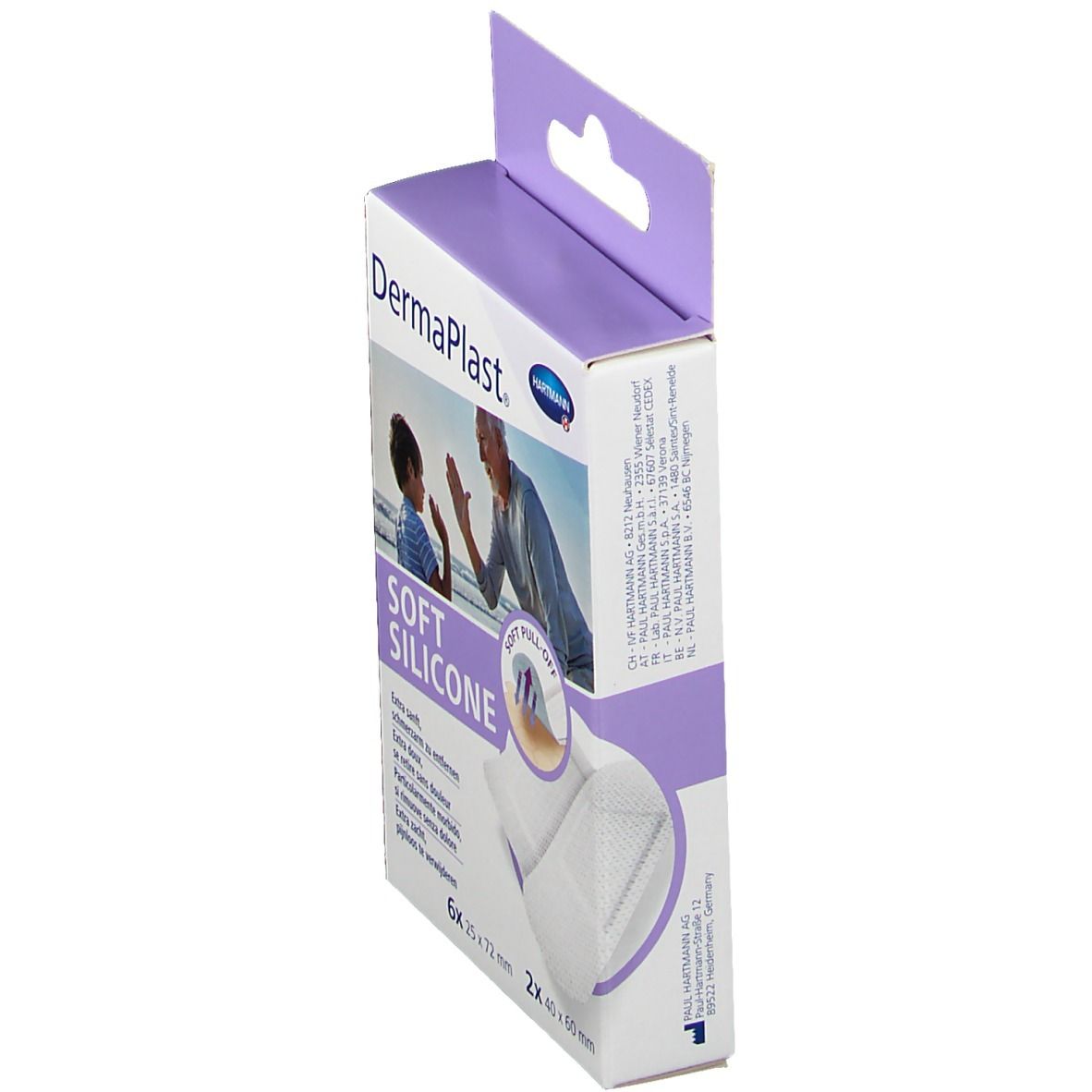 Zijaanzicht van de verpakking van DermaPlast® Soft Silicone Strips-Mix. Merk en productnaam zichtbaar.