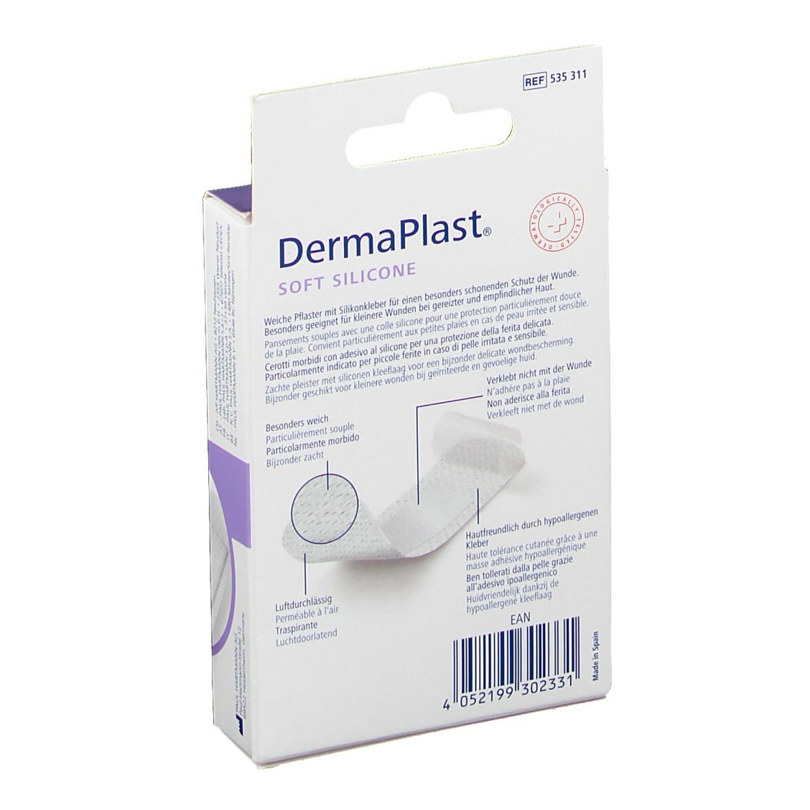 Achterkant van de verpakking van DermaPlast® Soft Silicone Strips-Mix. Productinformatie en merk zichtbaar.