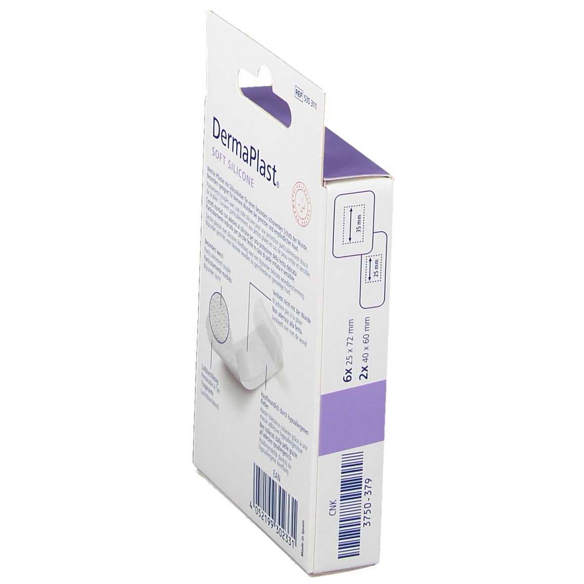 Zijaanzicht van de verpakking van DermaPlast® Soft Silicone Strips-Mix. Afmetingen en merk zichtbaar.