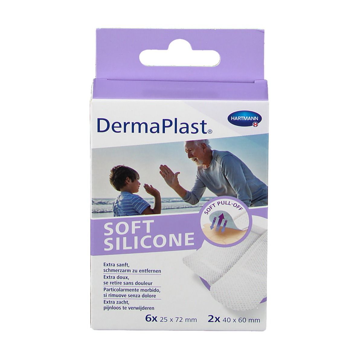 Vooraanzicht van de verpakking van DermaPlast® Soft Silicone Strips-Mix. Merk, productnaam en productafbeelding.