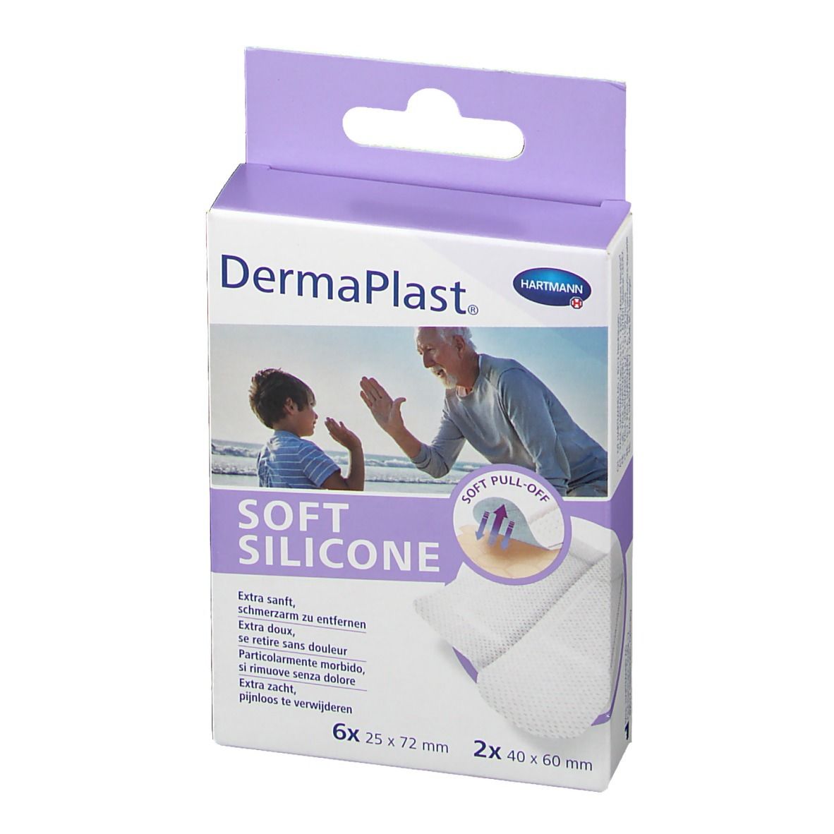Vooraanzicht van de verpakking van DermaPlast® Soft Silicone Strips-Mix. Merk, productnaam en productafbeelding.