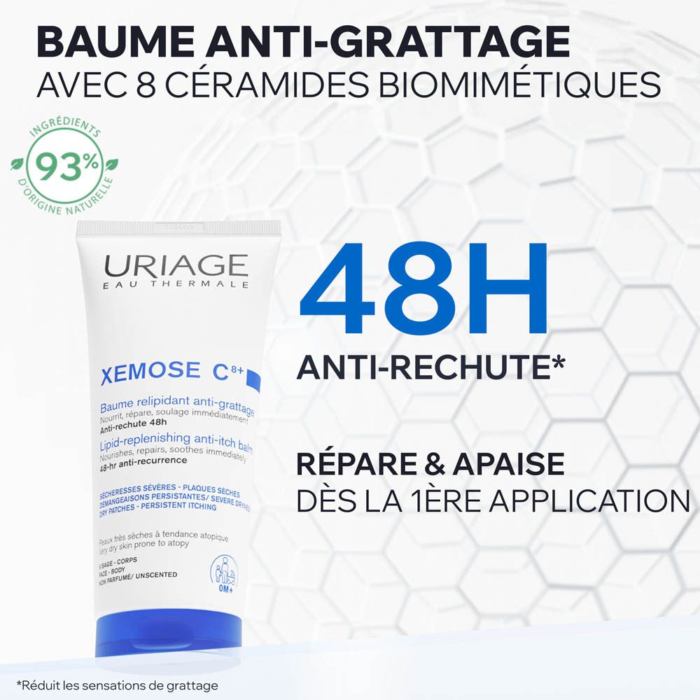 Tube Uriage Xémose C8+. Texte : Baume anti-grattage avec 8 céramides biomimétiques. 93% naturel.