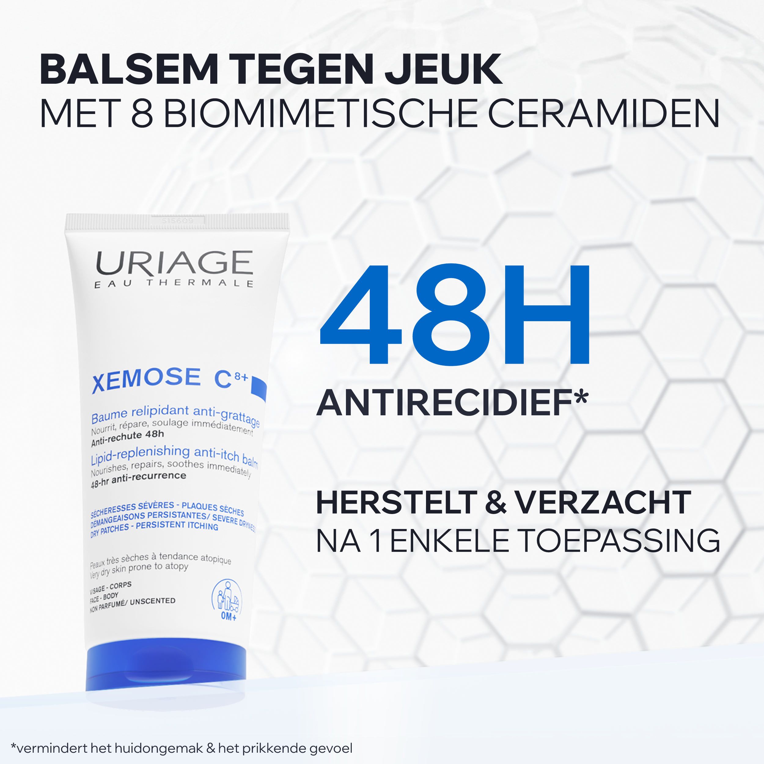 Uriage Xémose C8+ tube en tekst. Productnaam en informatie op witte achtergrond.