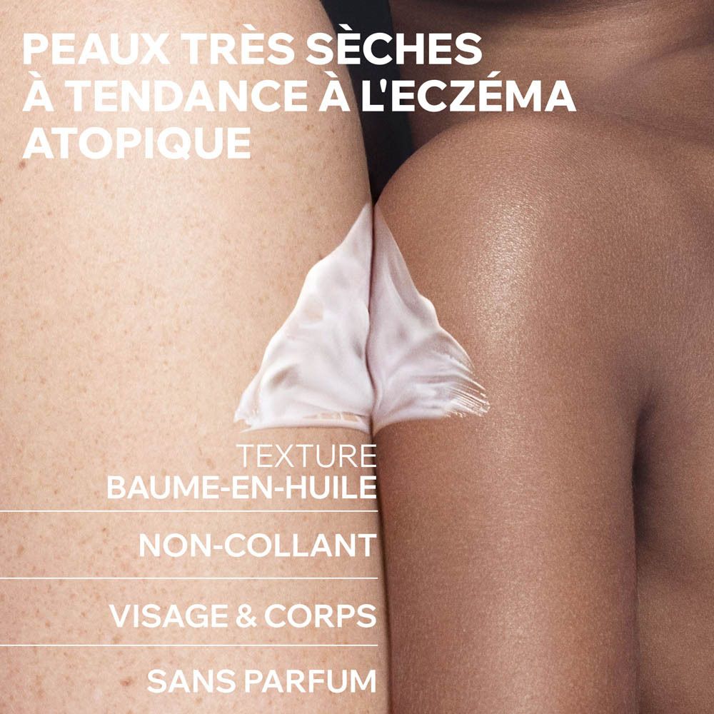 Personnes avec peau. Texte : Texture, baume-en-huile, non-collant, visage & corps, sans parfum.