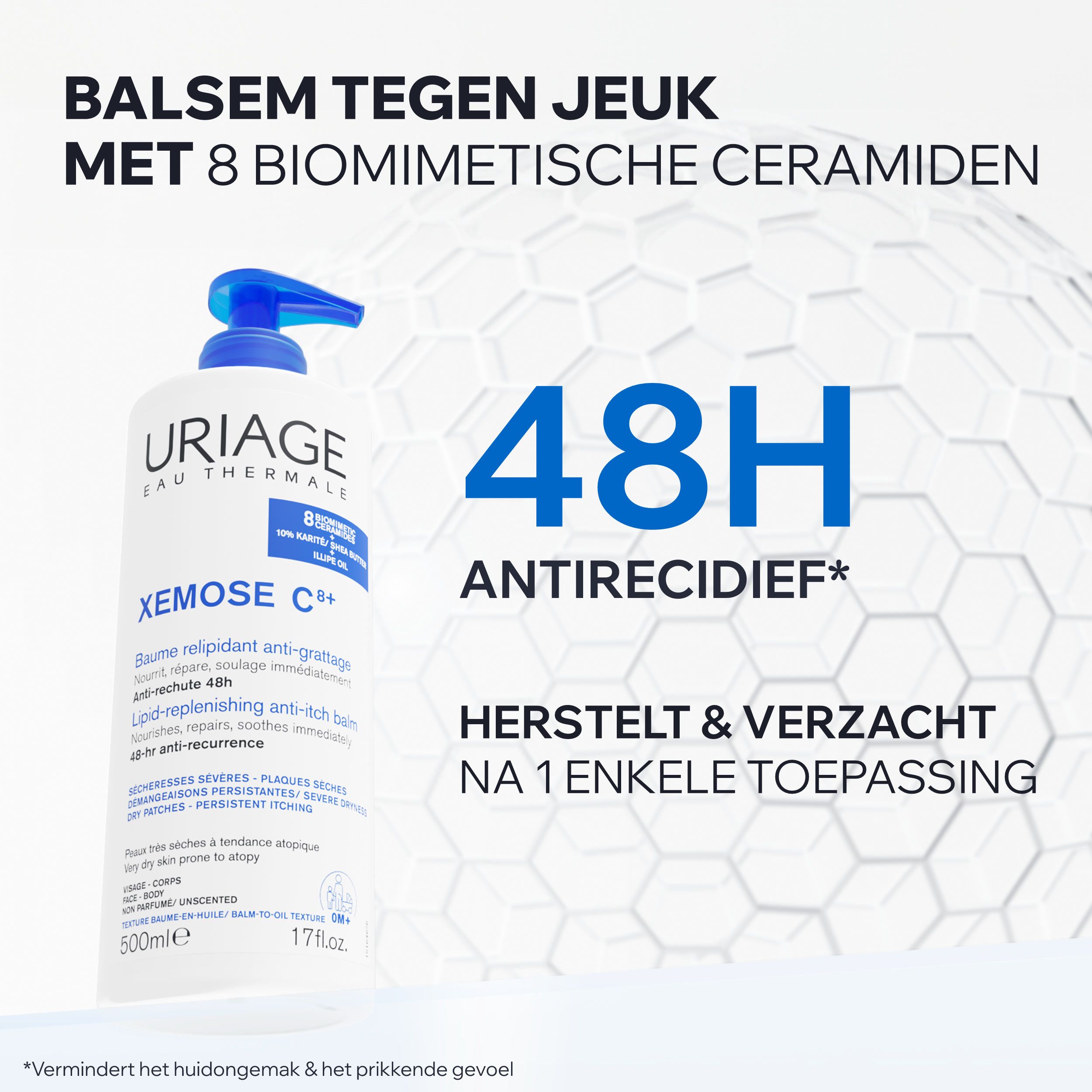Uriage Xémose C8+ tube met pomp. Witte tube met blauwe pomp. Productnaam en merk zichtbaar.