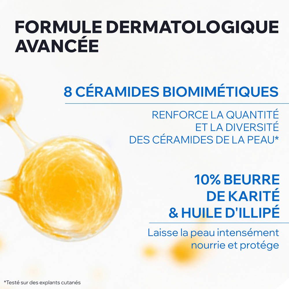 Texte : Formule dermatologique avancée. 8 céramides biomimétiques, 10% beurre de karité & huile d'illipé.
