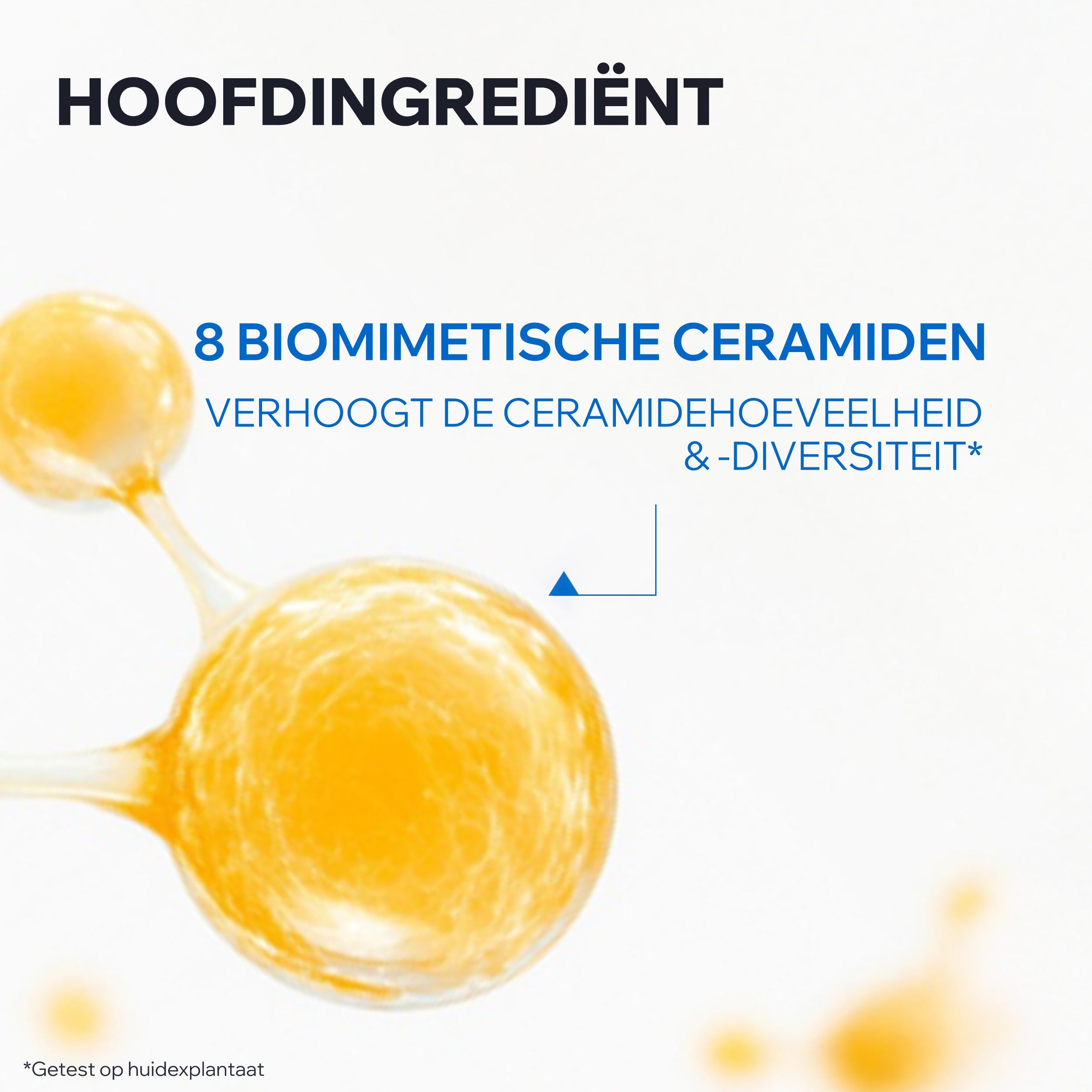 Grafiek met ingrediënten. Gele bollen met tekst. 8 biomimetische ceramiden.