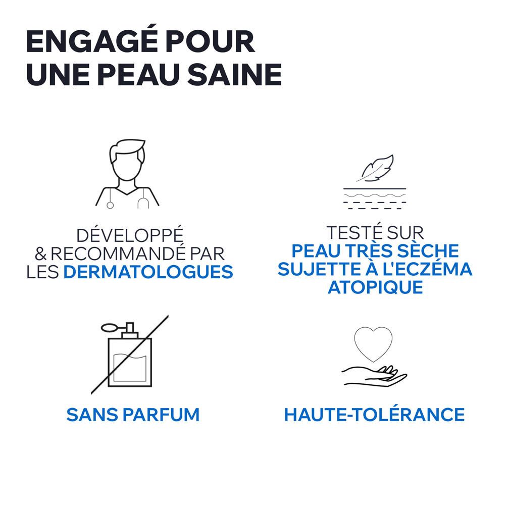 Texte : Engagé pour une peau saine. Développé par dermatologues, sans parfum, haute-tolérance.