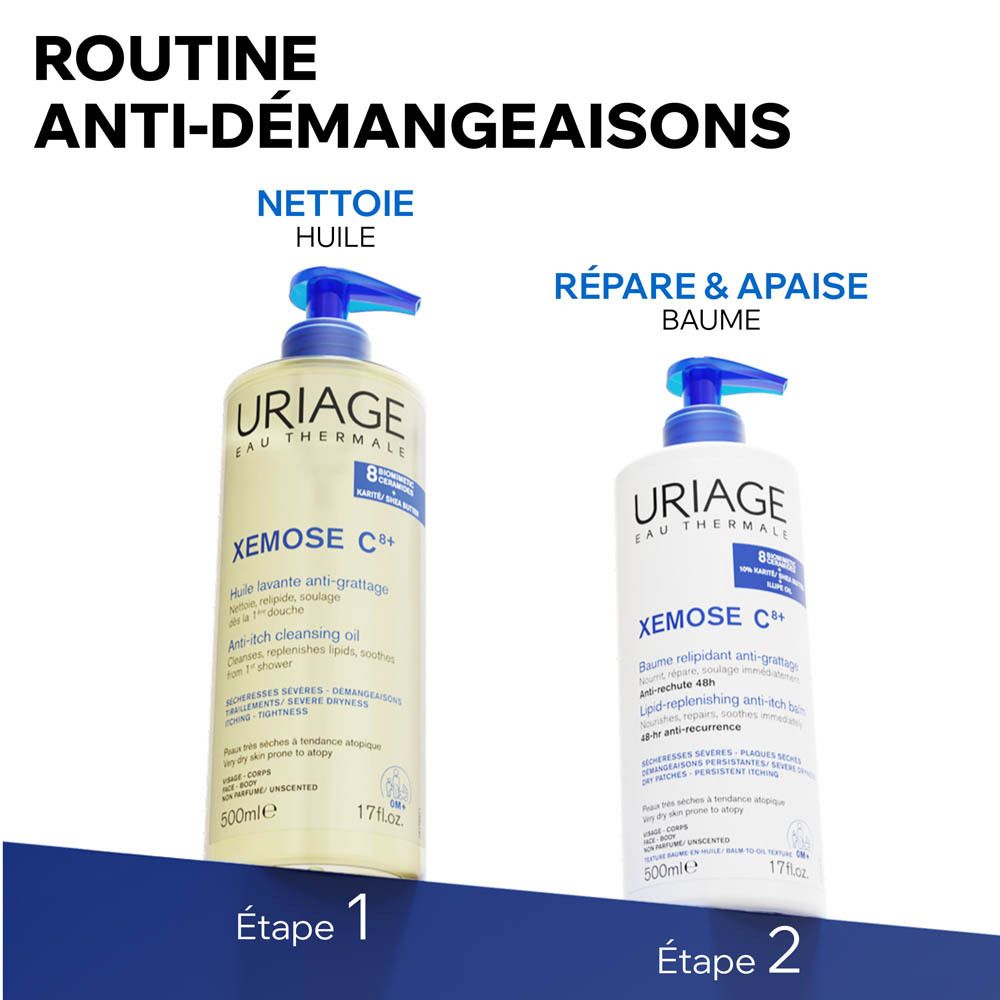 Produits Uriage Xémose C8+. Texte : Routine anti-démangeaisons. Nettoie huile, répare & apaise baume.
