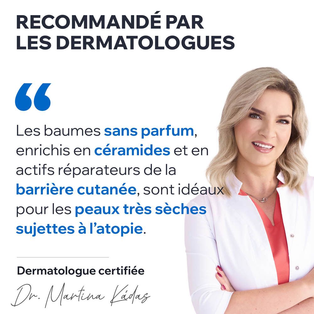 Femme en blouse blanche. Texte : Recommandé par les dermatologues. Dermatologue certifié.
