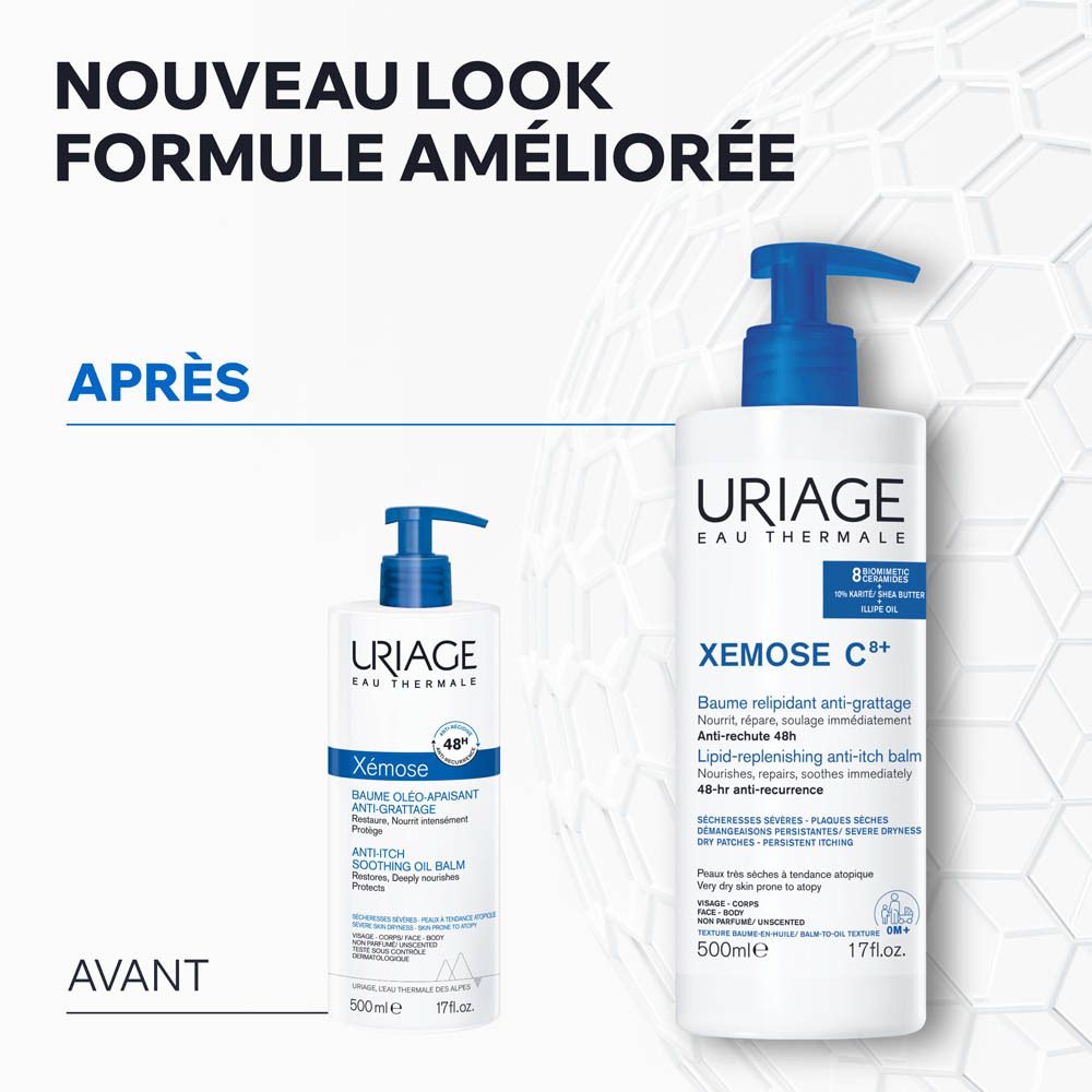Produits Uriage Xémose C8+. Texte : Nouveau look, formule améliorée. Avant/Après.
