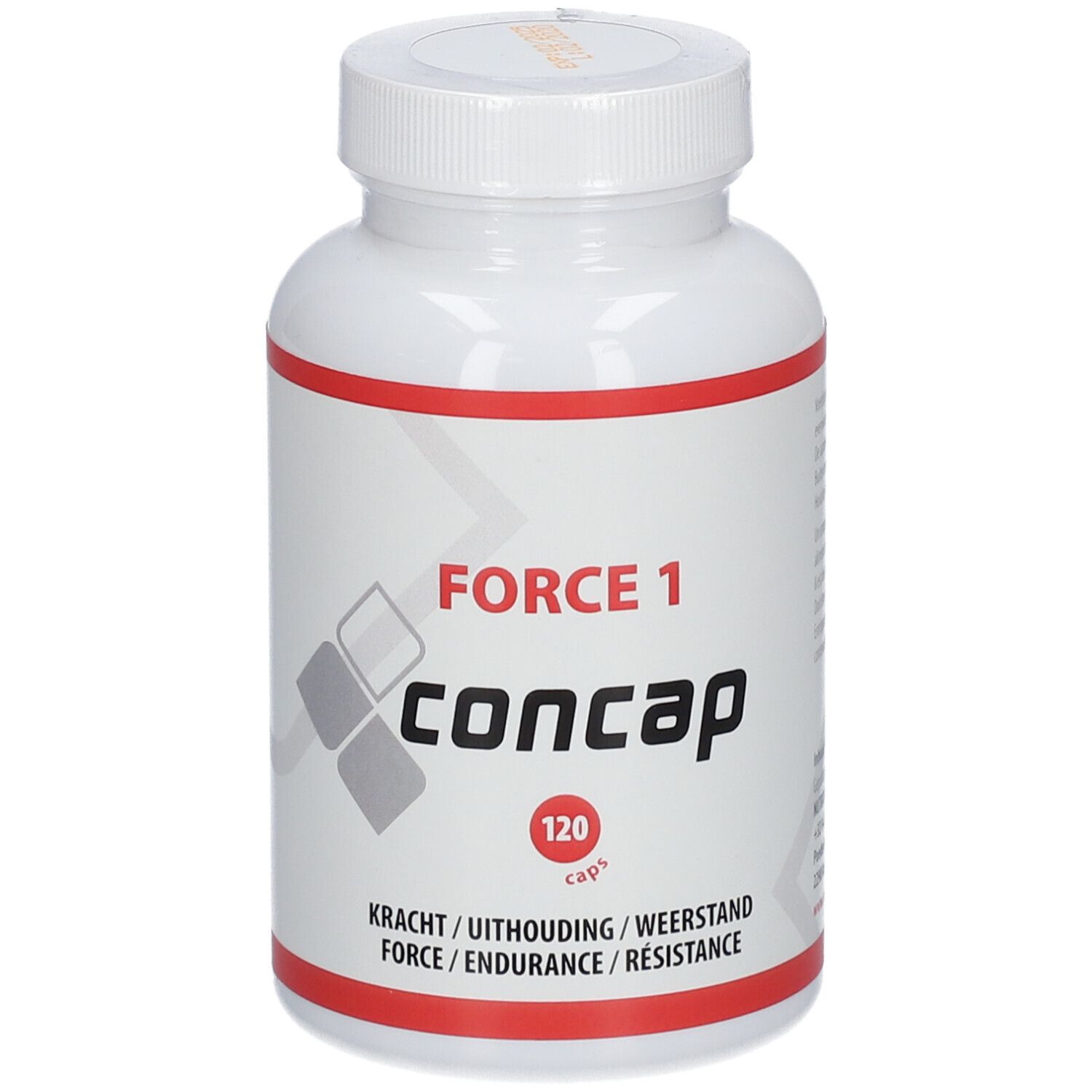 Flacon blanc avec liseré rouge. Inscription : FORCE 1, Concap, 120 capsules. Texte : Force/Endurance/Résistance.
