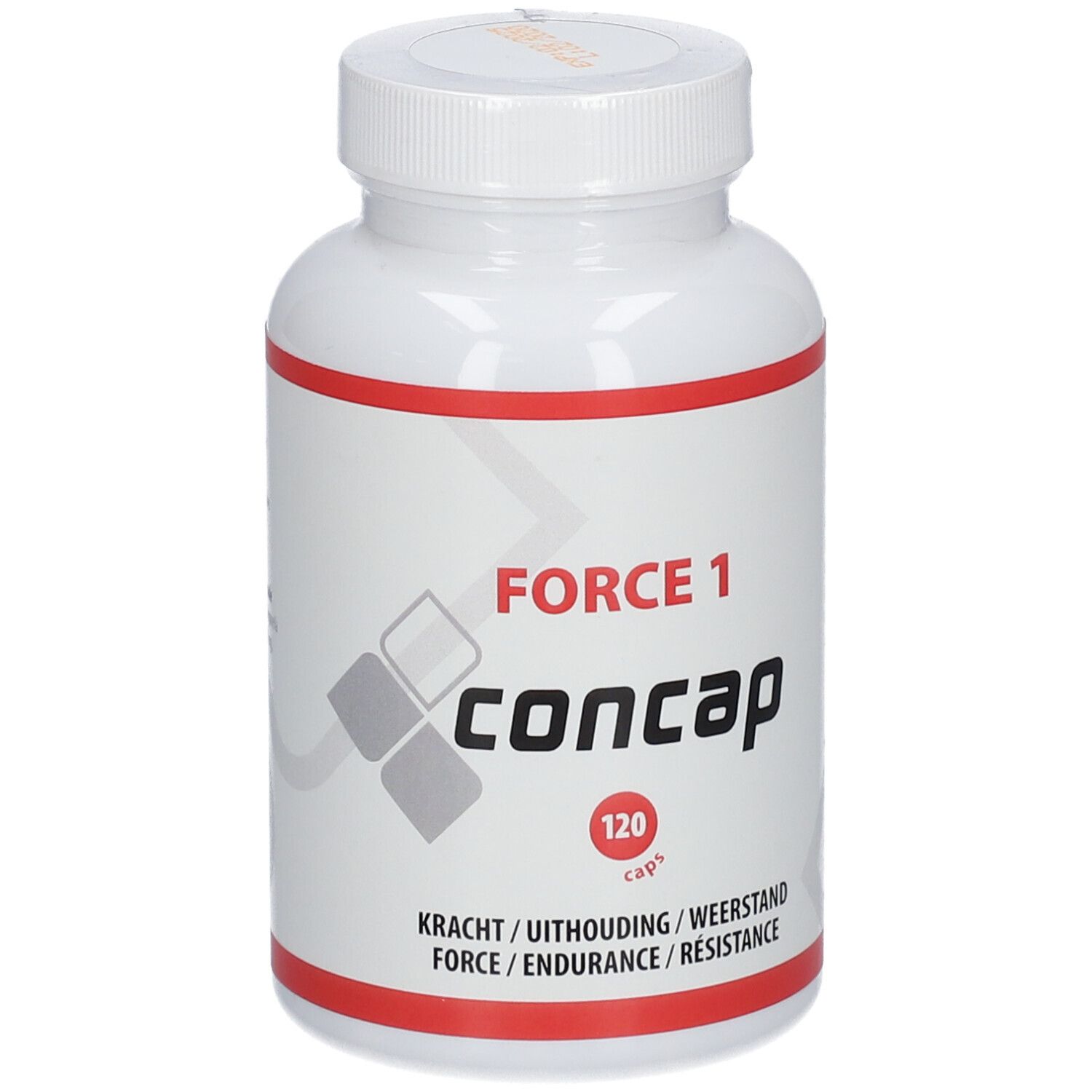 Flacon blanc avec liseré rouge. Inscription : FORCE 1, Concap, 120 capsules. Texte : Force/Endurance/Résistance.