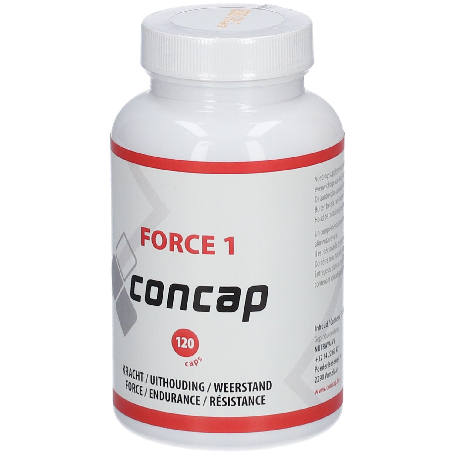 Flacon blanc avec liseré rouge. Inscription : FORCE 1, Concap, 120 capsules. Texte : Force/Endurance/Résistance.