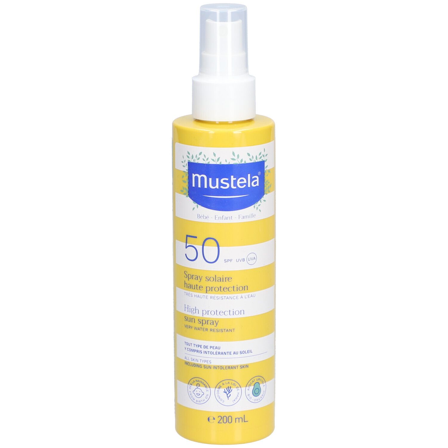 Gele fles met witte spraykop. Opschrift: Mustela, 50 SPF, zonnebrandspray. Waterbestendig.