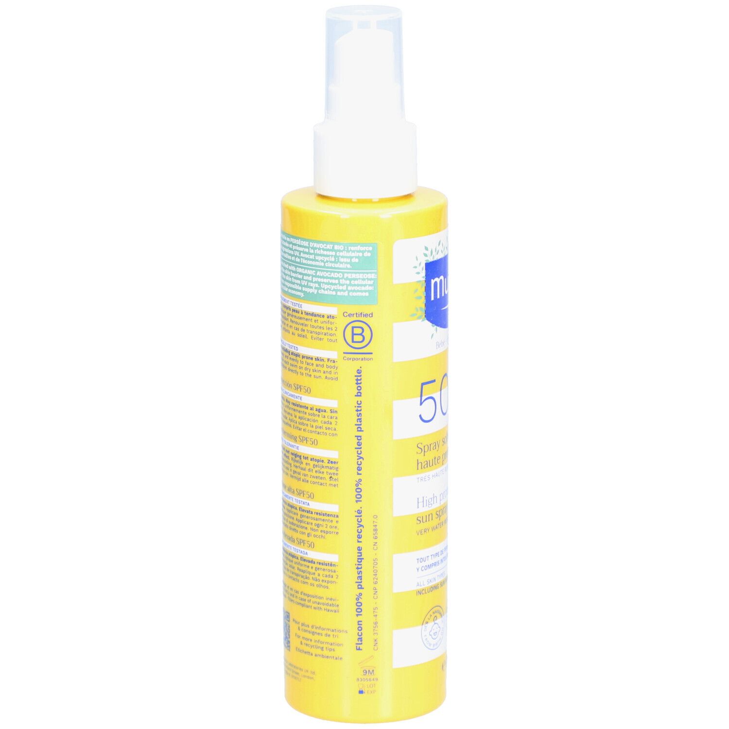 Achterkant van de gele fles. Tekst in meerdere talen. Fles van 100% gerecycled plastic.