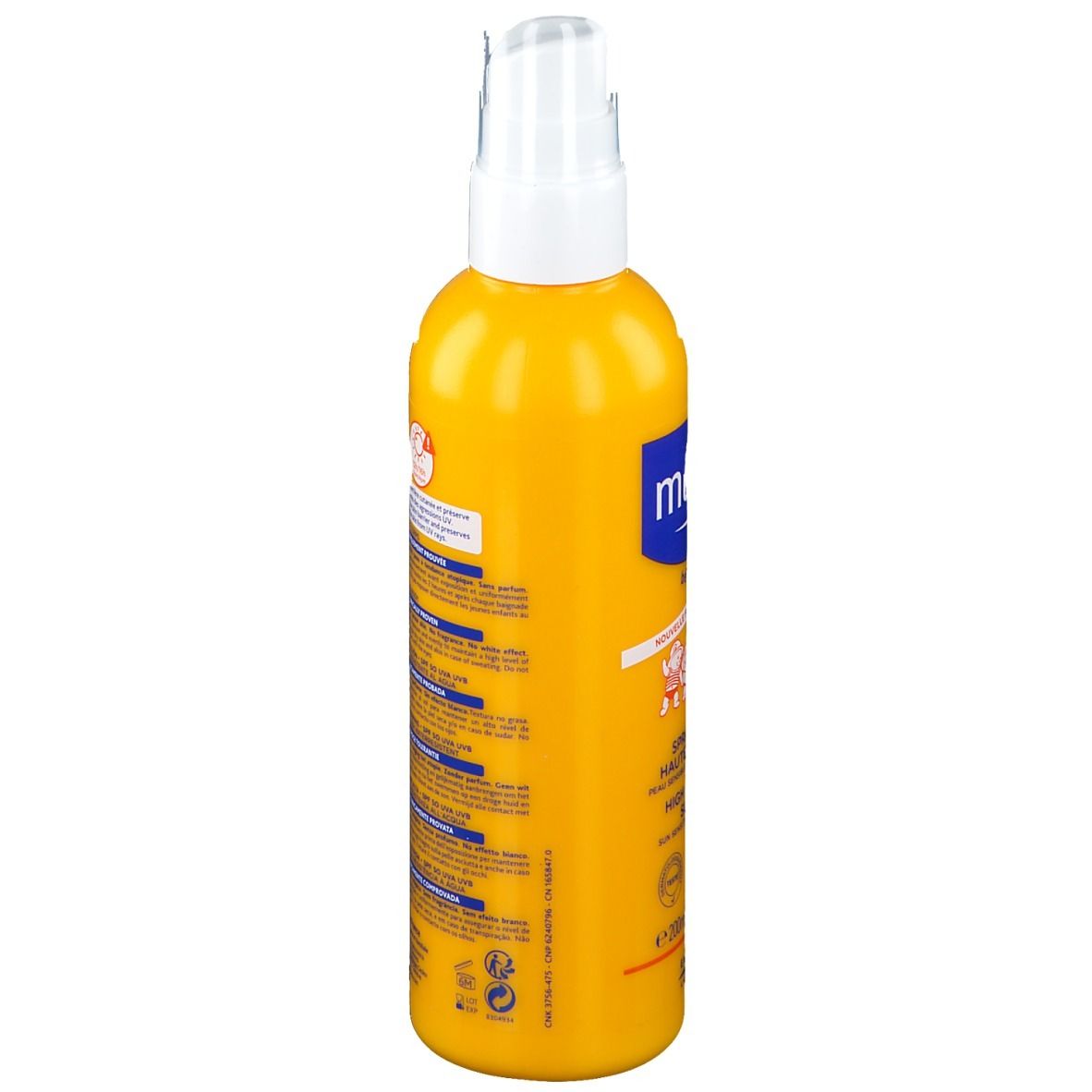Flacon jaune avec vaporisateur blanc. Inscription: Mustela, 50 SPF. Informations sur les ingrédients et l'utilisation.