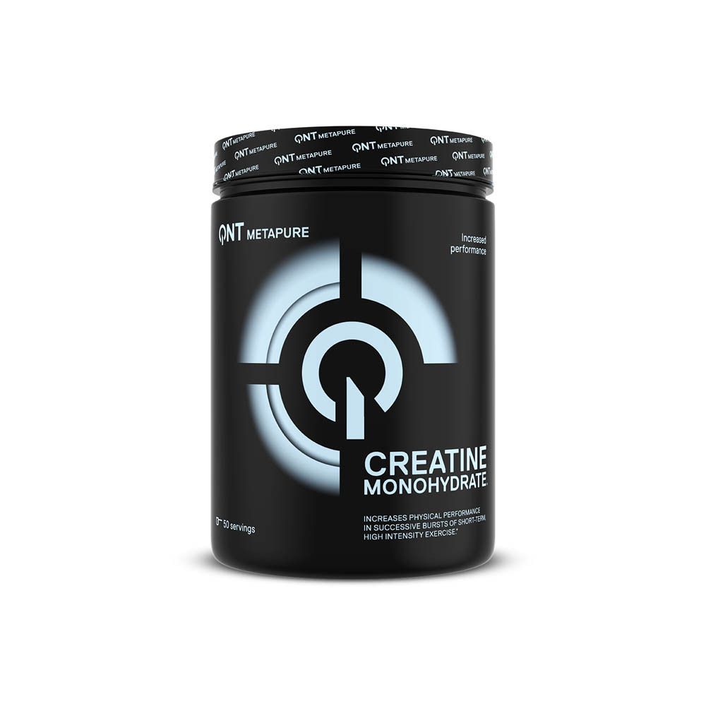 Oranje pot met zwarte deksel. Opschrift: QNT MOVE, Creatine Monohydrate. Logo: cirkel met pijl. 50 porties.