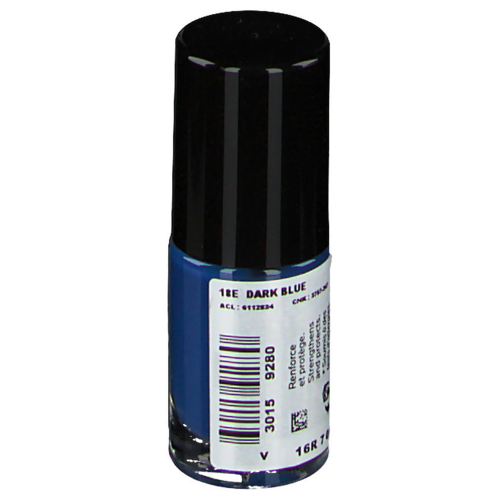 Donkerblauwe nagellakfles met zwarte dop. Barcode en tekst op achterkant. Kleur: Dark Blue.