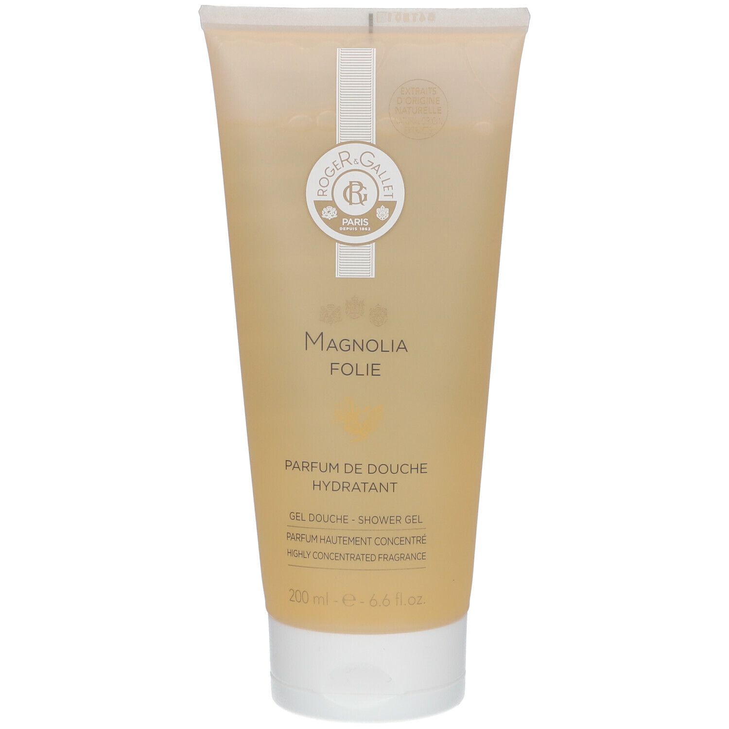 Tube beige avec bouchon blanc. Logo et texte 'Magnolia Folie'. 'Parfum de douche hydratant'.
