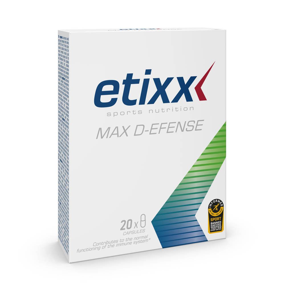 Boîte blanche avec logo "etixx MAX D-EFENSE". Contient 20 capsules. Inscription : "Sport nutrition". Avec certification sportive.
