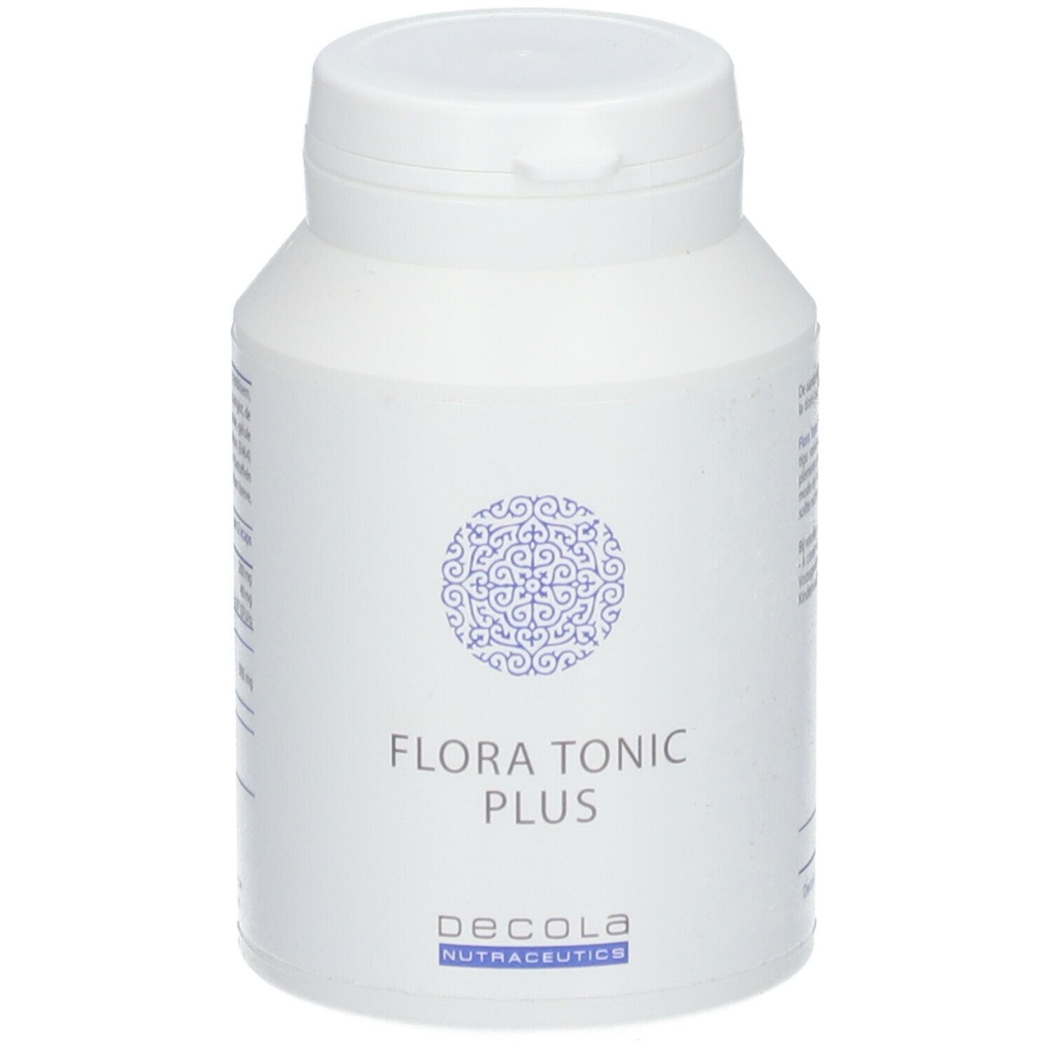Witte fles met deksel. Opschrift: Flora Tonic Plus, Decola Nutraceutics. Blauw patroon.