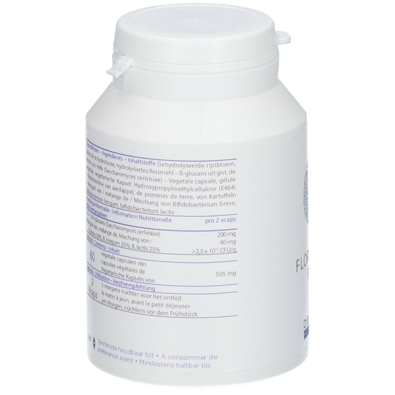 Witte fles, achterkant. Tekst met ingrediënten en voedingswaarde. Deksel boven.