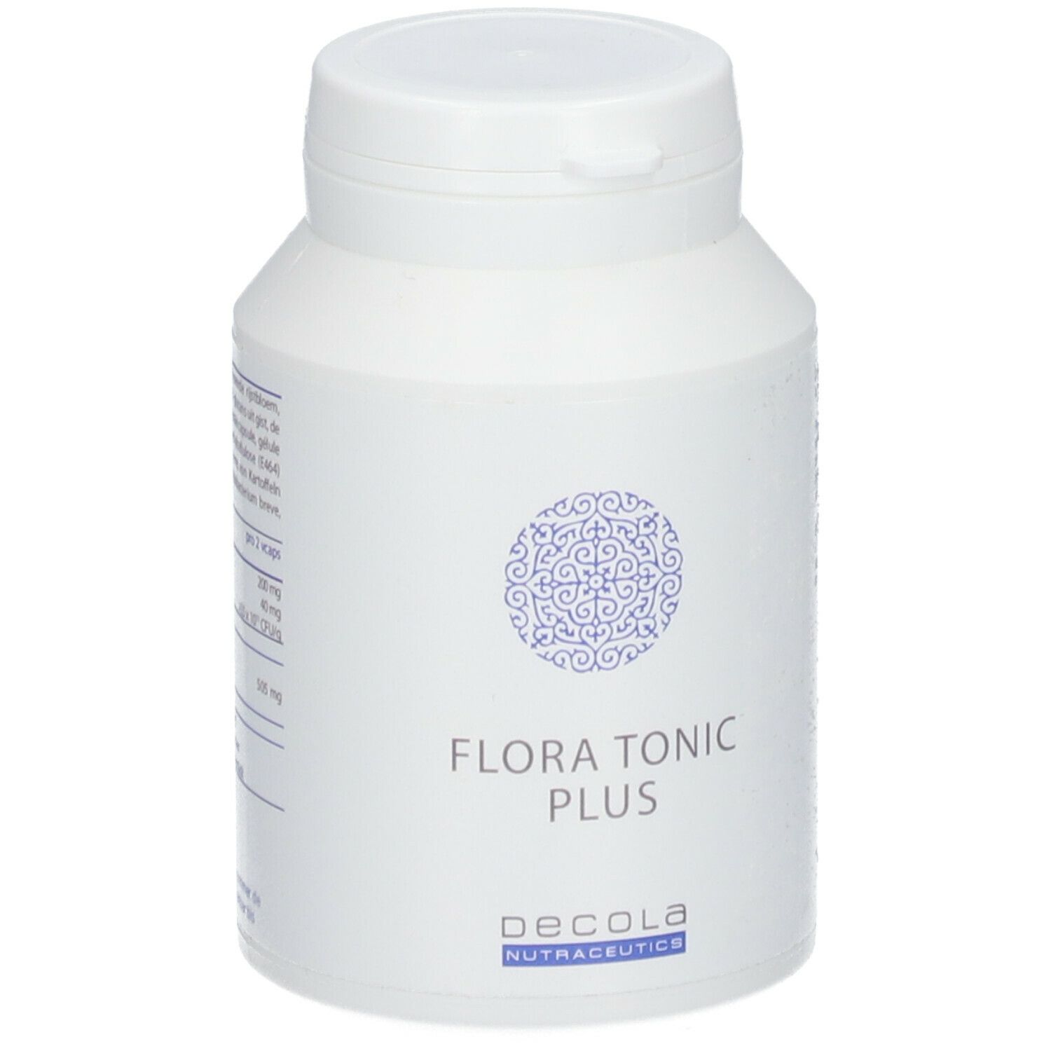 Witte fles met deksel. Opschrift: Flora Tonic Plus, Decola Nutraceutics. Blauw patroon.