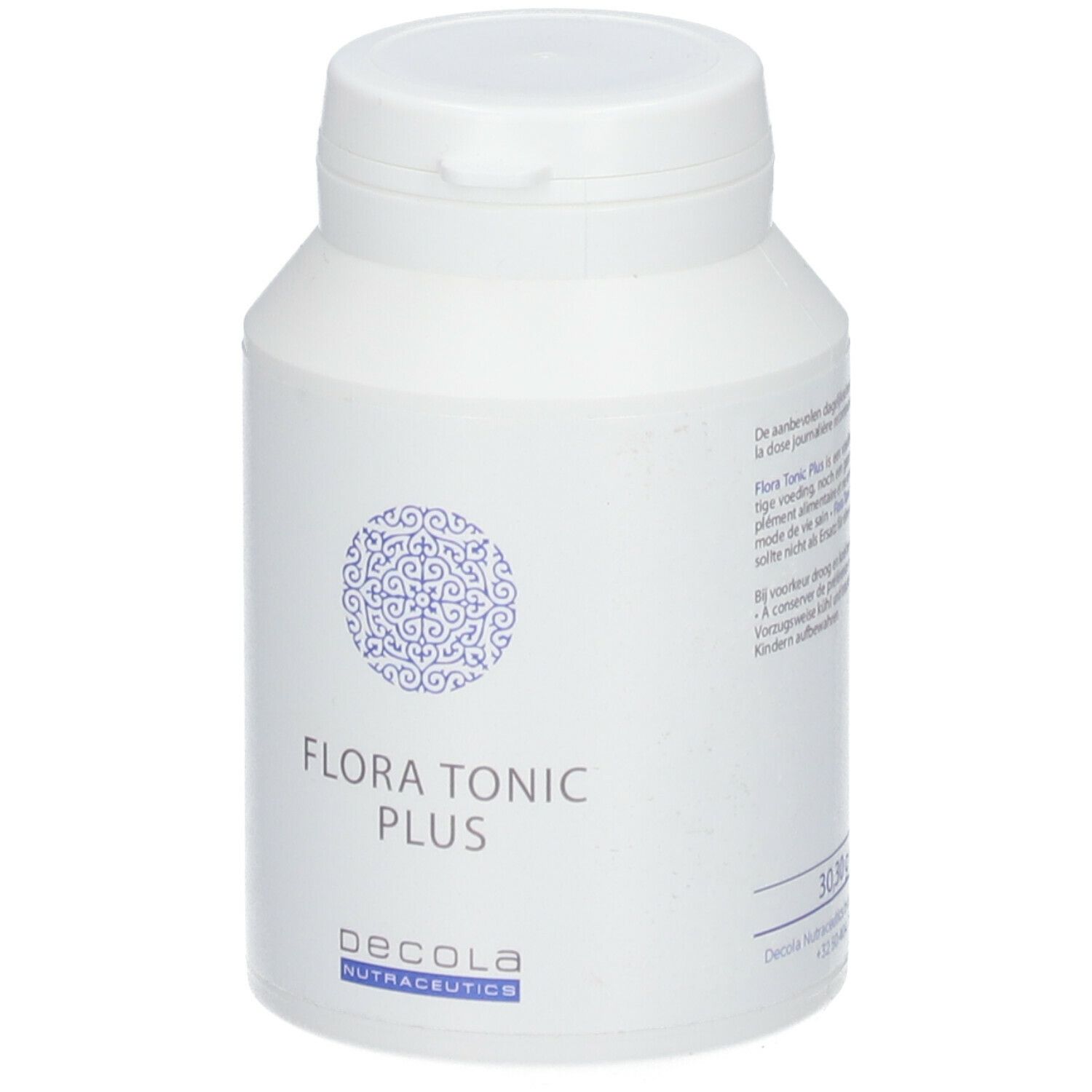 Witte fles met deksel. Opschrift: Flora Tonic Plus, Decola Nutraceutics. Blauw patroon. 30 capsules.