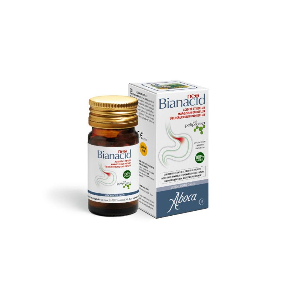 Bruine glazen fles en doos met "Neo Bianacid". Aboca-logo. Weergave van het spijsverteringsstelsel.