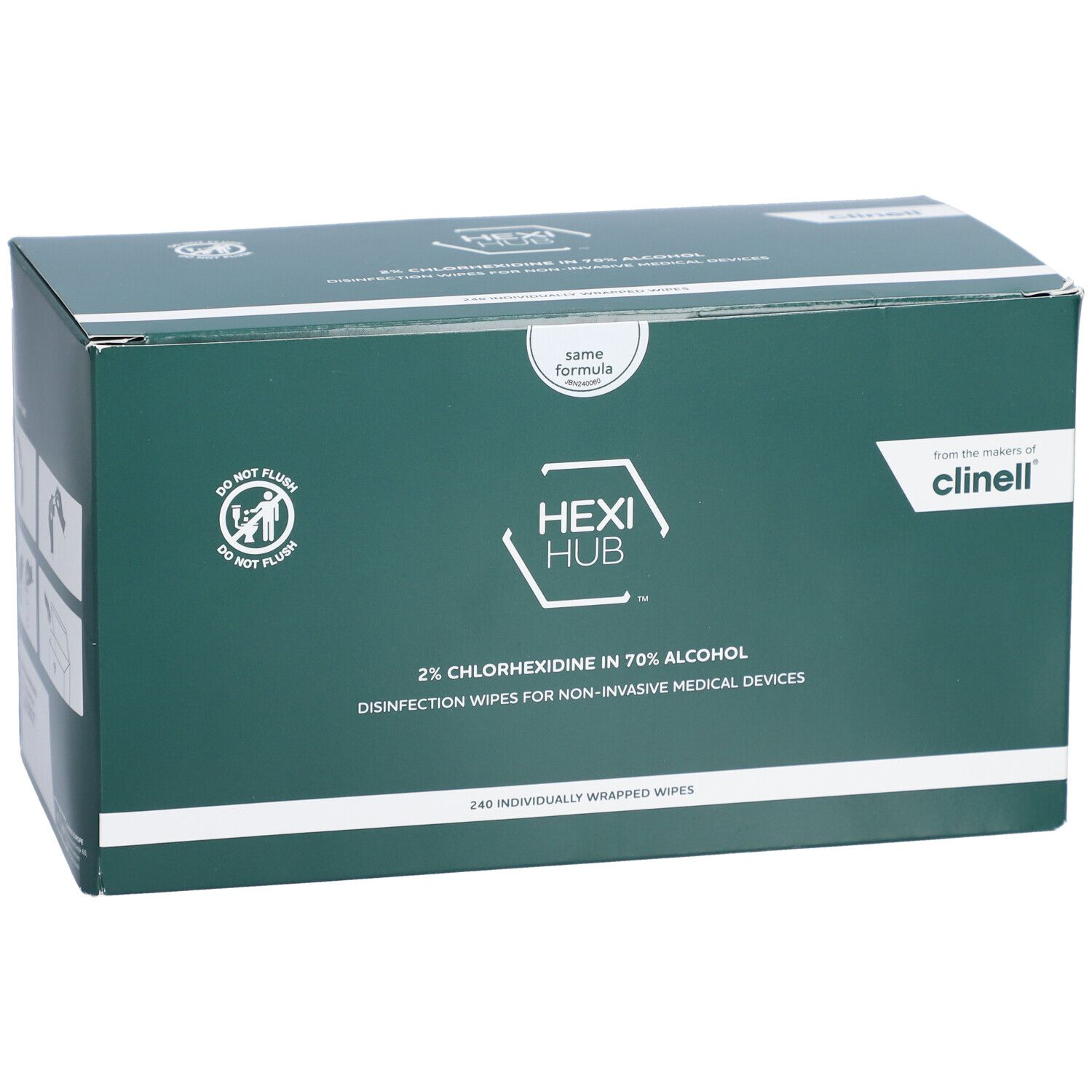 Boîte verte avec logo "HEXI HUB" et "Clinell". Contient 240 lingettes désinfectantes emballées individuellement.