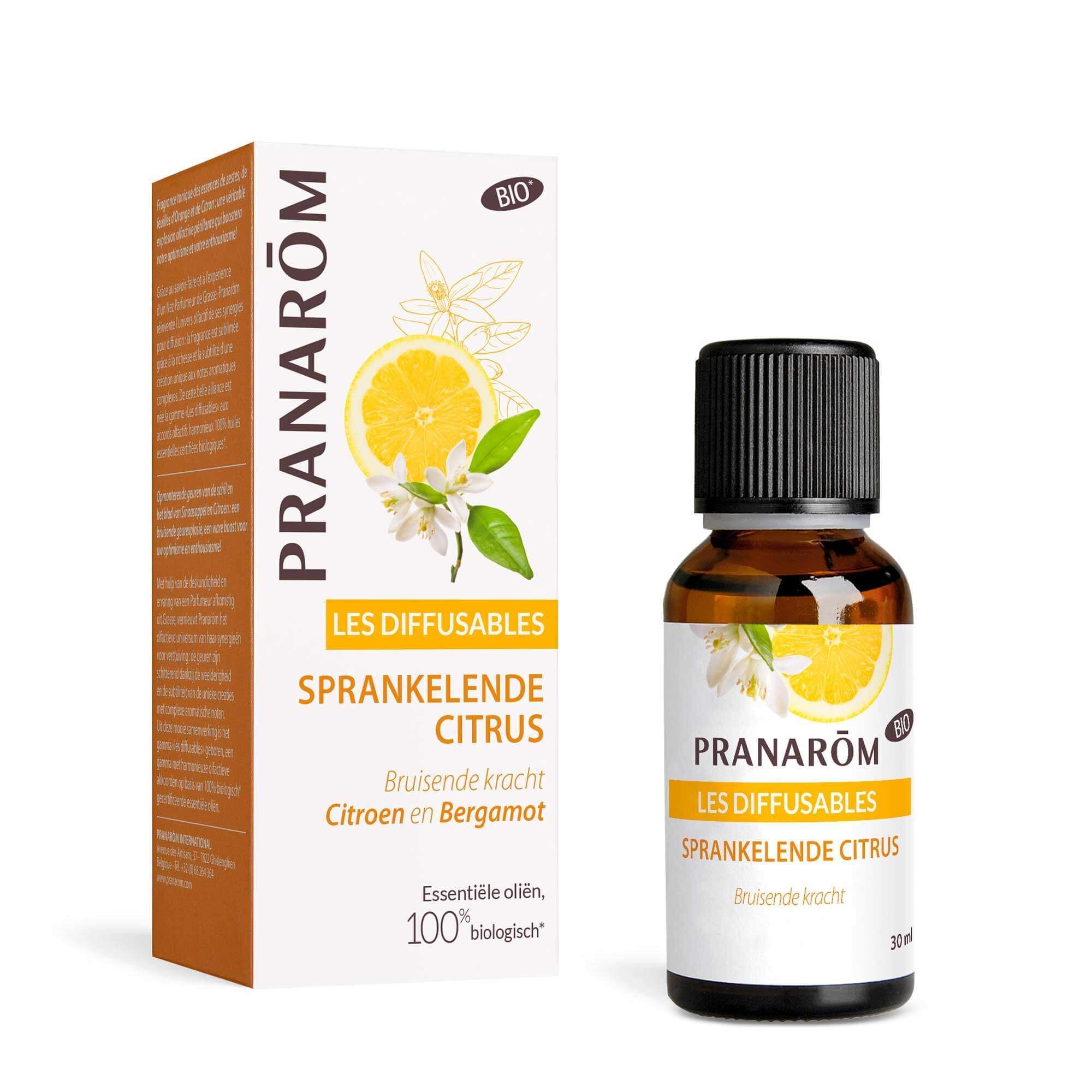 Bruine glazen fles en doos met productopdruk. Opdruk: Pranarôm, Les Diffusables, Sprankelende Citrus, Citroen en Bergamot Bio.