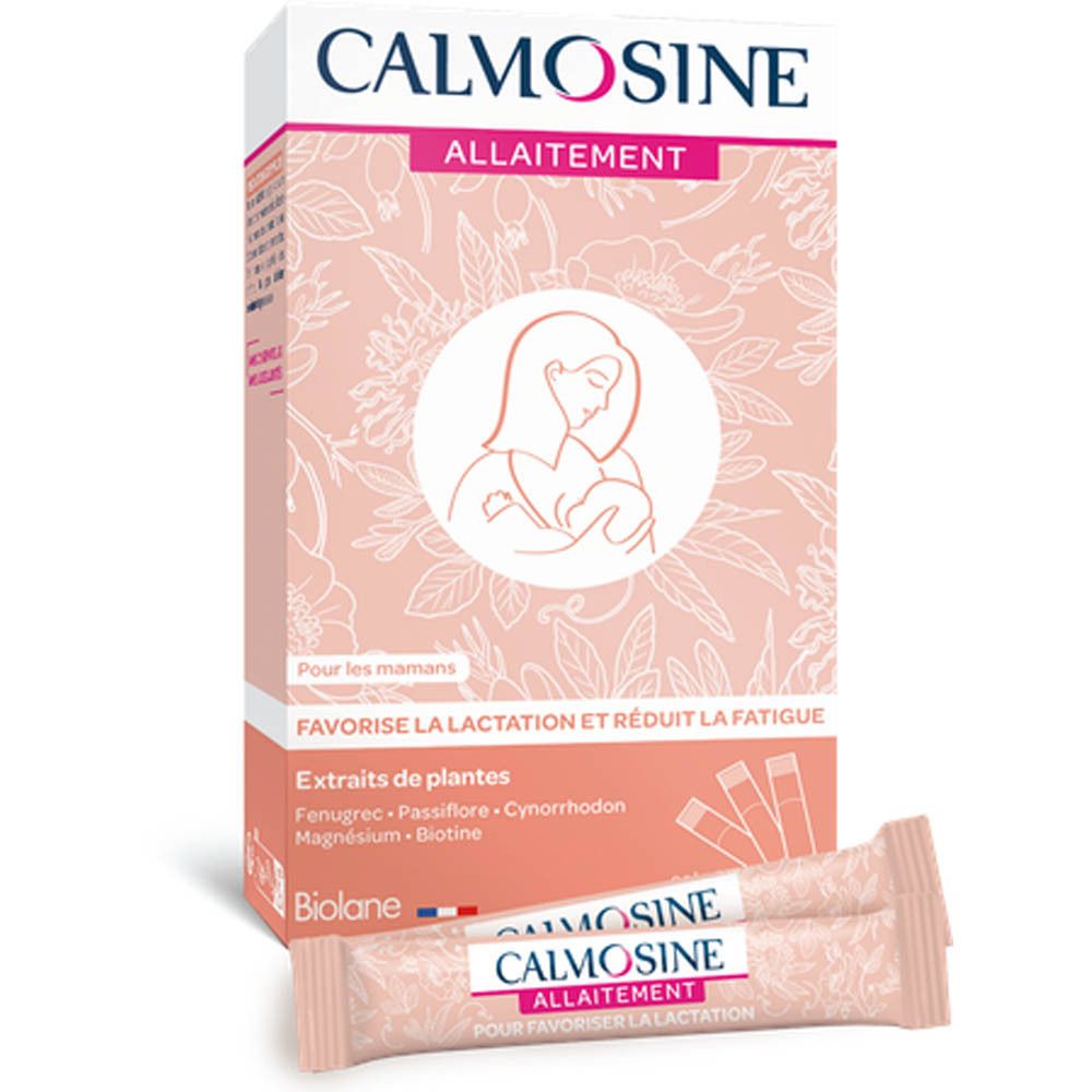 CALMOSINE ALLAITEMENT verpakking. Bevat 2 drinkampullen. Tekst: Bevordert borstvoeding en vermindert vermoeidheid. Biolane logo.