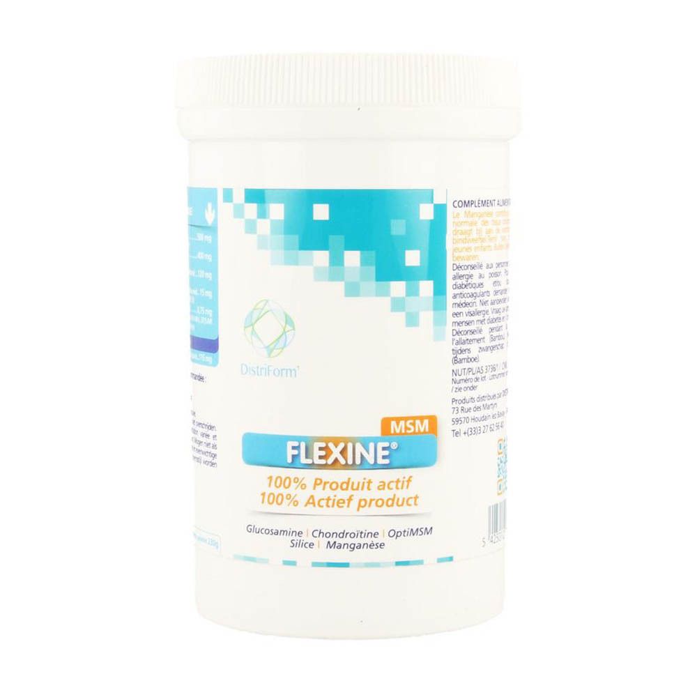 Boîte blanche avec couvercle. Inscription FLEXINE MSM, 100% Produit actif. Ingrédients: Glucosamine, Chondroïtine, OptiMSM, Silice, Manganèse.