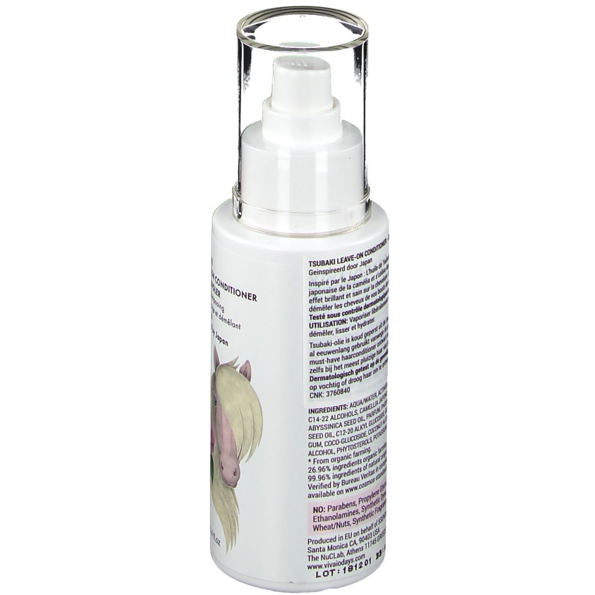 Dos du flacon blanc. Texte avec ingrédients et instructions d'utilisation. Contient des informations sur la fabrication et les certifications.