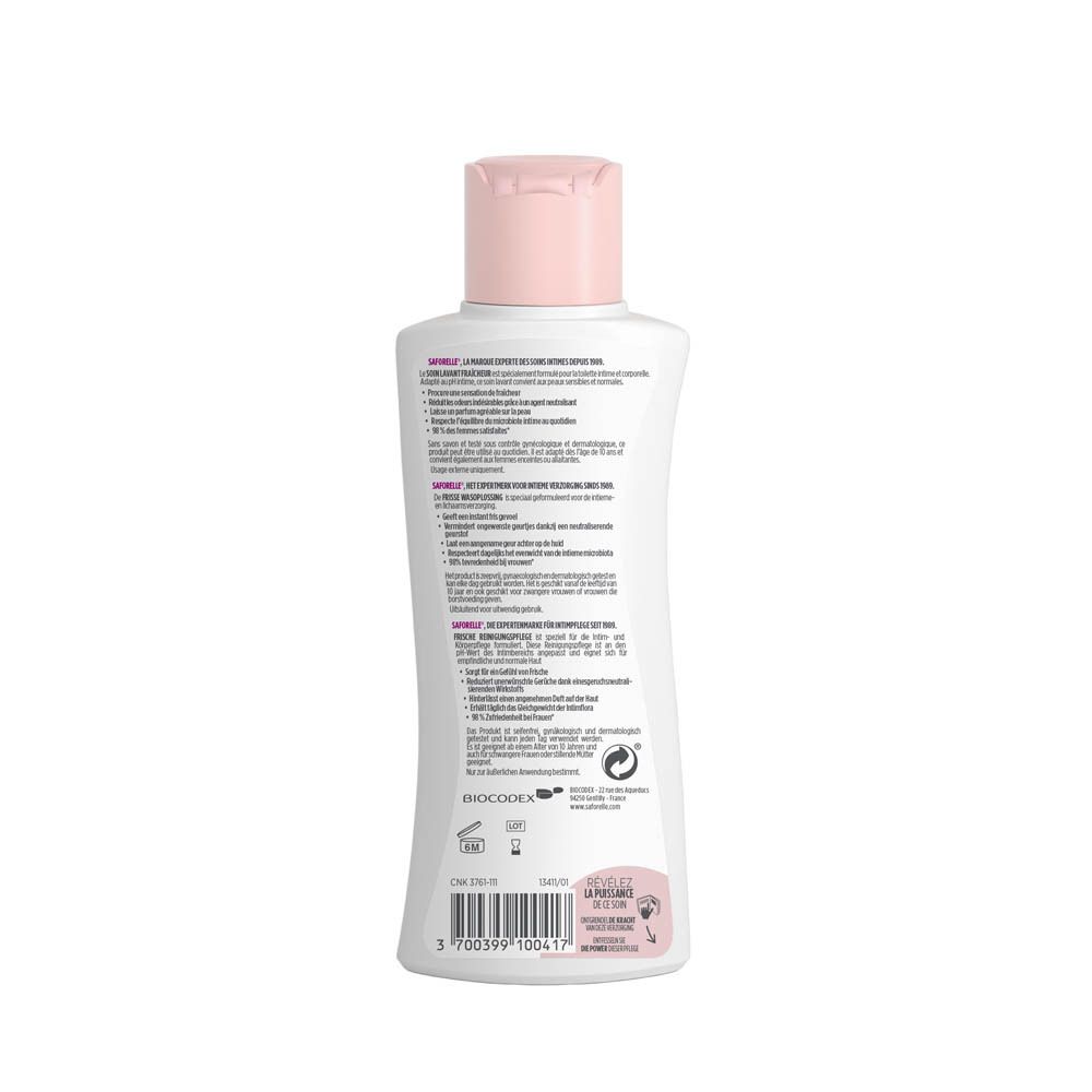 Achterkant van de Saforelle Frisse Wasoplossing fles.