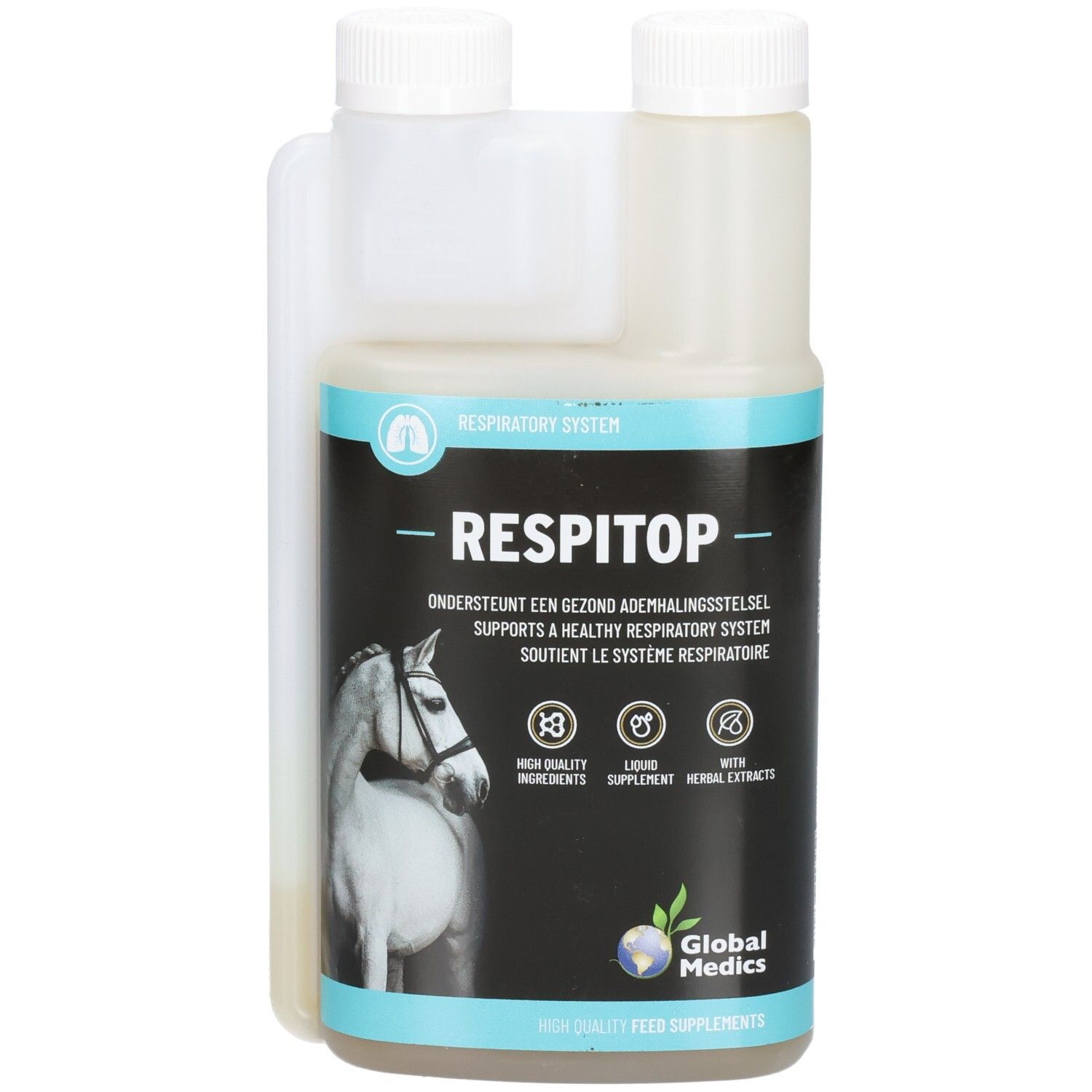 Liquide Global Medics Respitop dans un récipient transparent avec une étiquette montrant un cheval et des informations sur le produit.