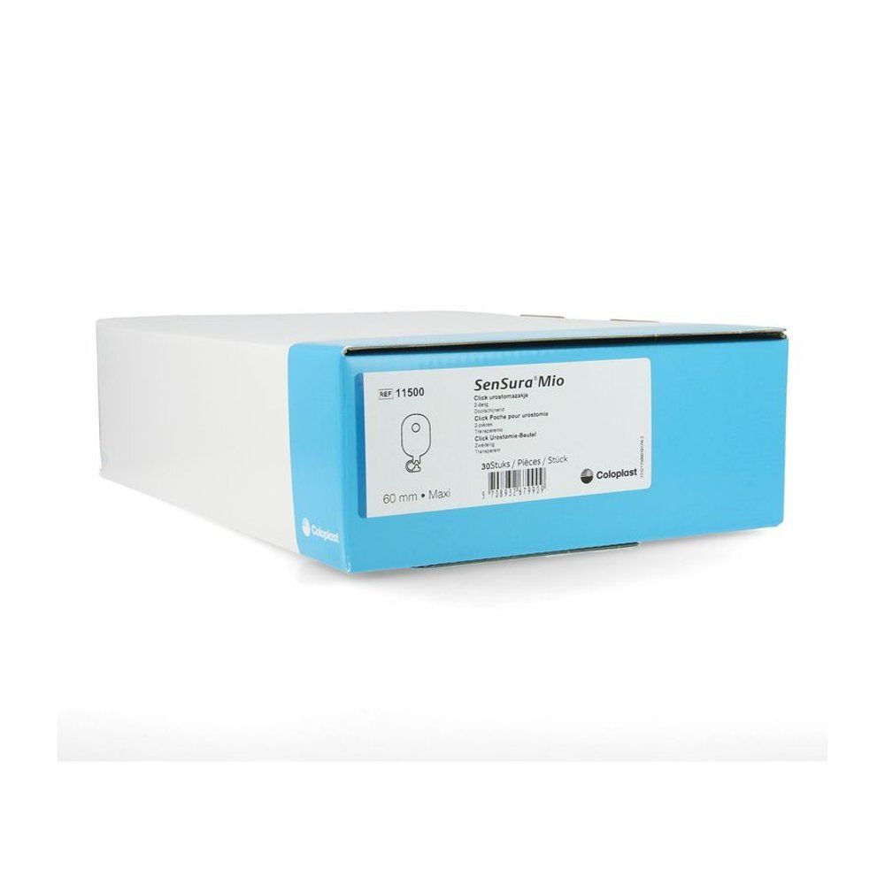 Boîte SenSura Mio Click Urostomie. Boîte blanche et bleue avec informations produit et logo. 60 mm.