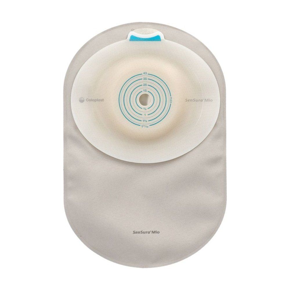 Zakje met convexe basisplaat. Basisplaat met meetlijnen. Productnaam: SenSura Mio. Blauw sluitelement. Grijs zakje.