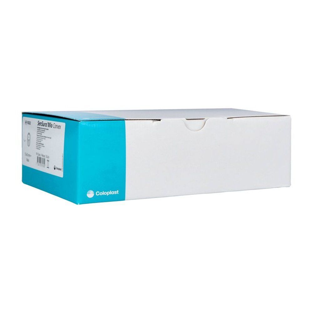 Emballage produit blanc et bleu. Nom du produit : SenSura Mio Convex. Marque : Coloplast. Inscriptions avec informations produit. Forme rectangulaire.