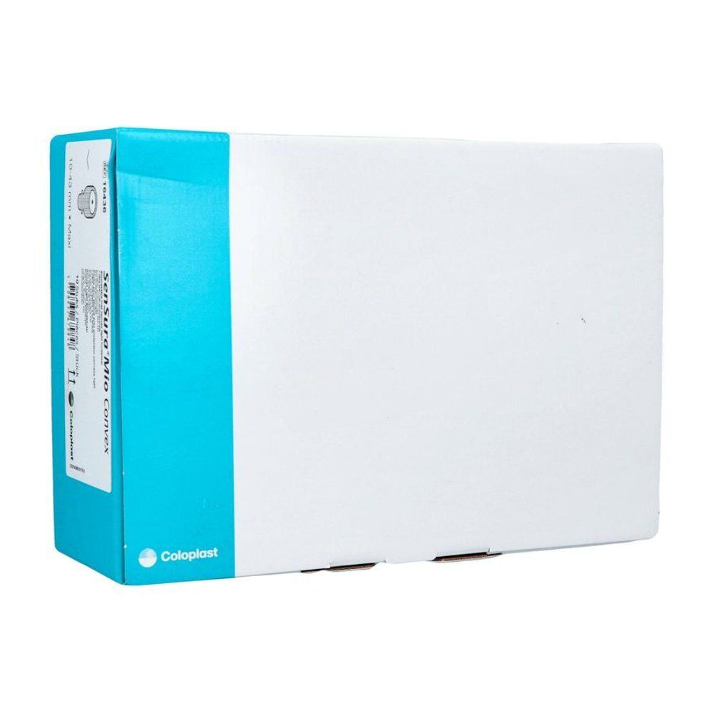 Emballage en carton. Le côté bleu affiche "SenSura Mio Convex". Le logo Coloplast est visible.