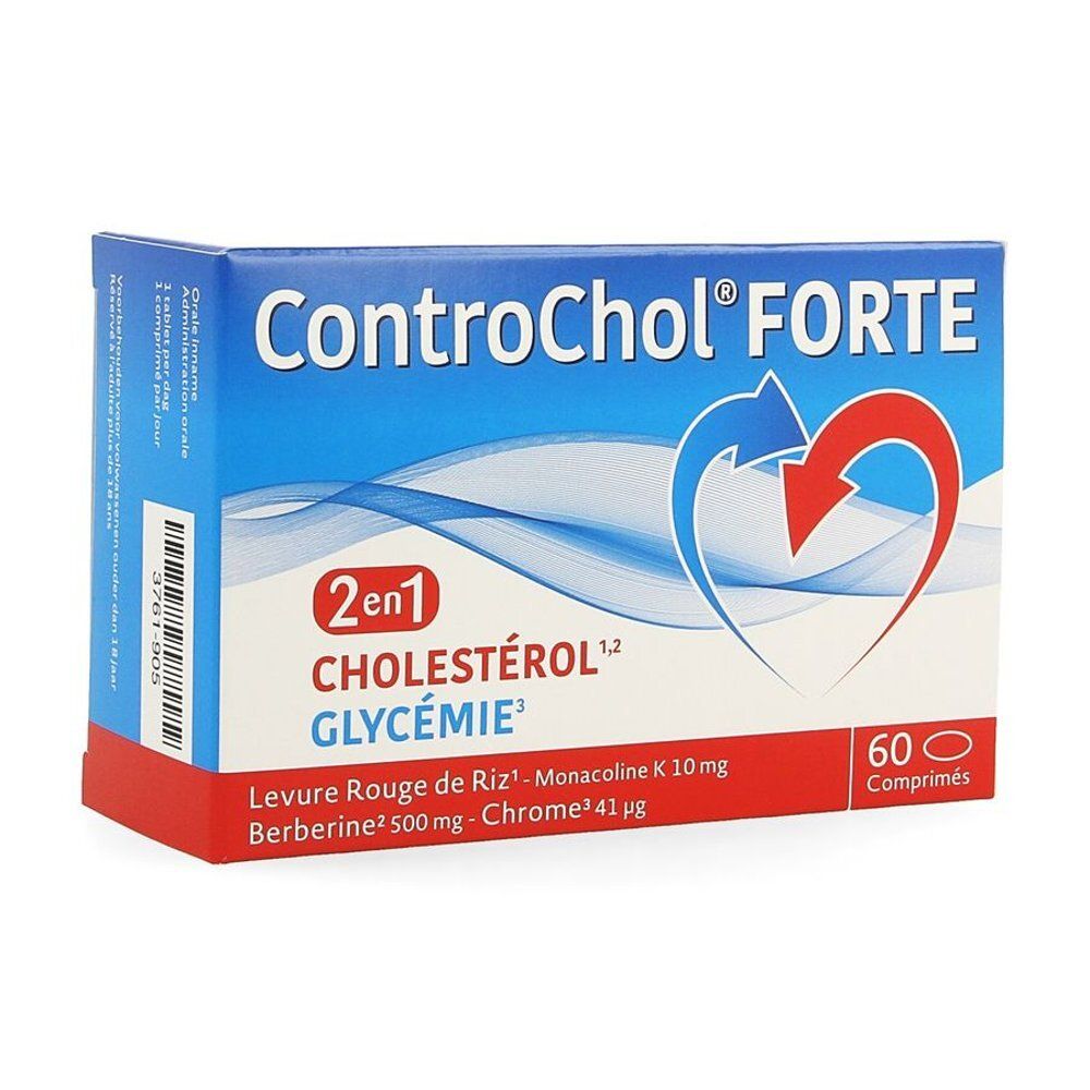 Boîte ControChol FORTE. Inscription: 2 en 1 Cholestérol Glycémie. Contient 60 comprimés. Couleurs rouge et bleu.