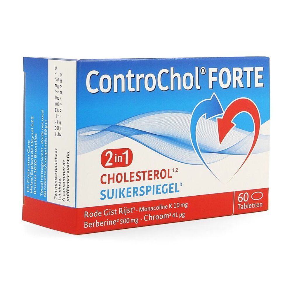 Doos ControChol FORTE. Opschrift: 2 in 1 Cholesterol Suikerspiegel. Bevat 60 tabletten. Rode en blauwe kleuren.