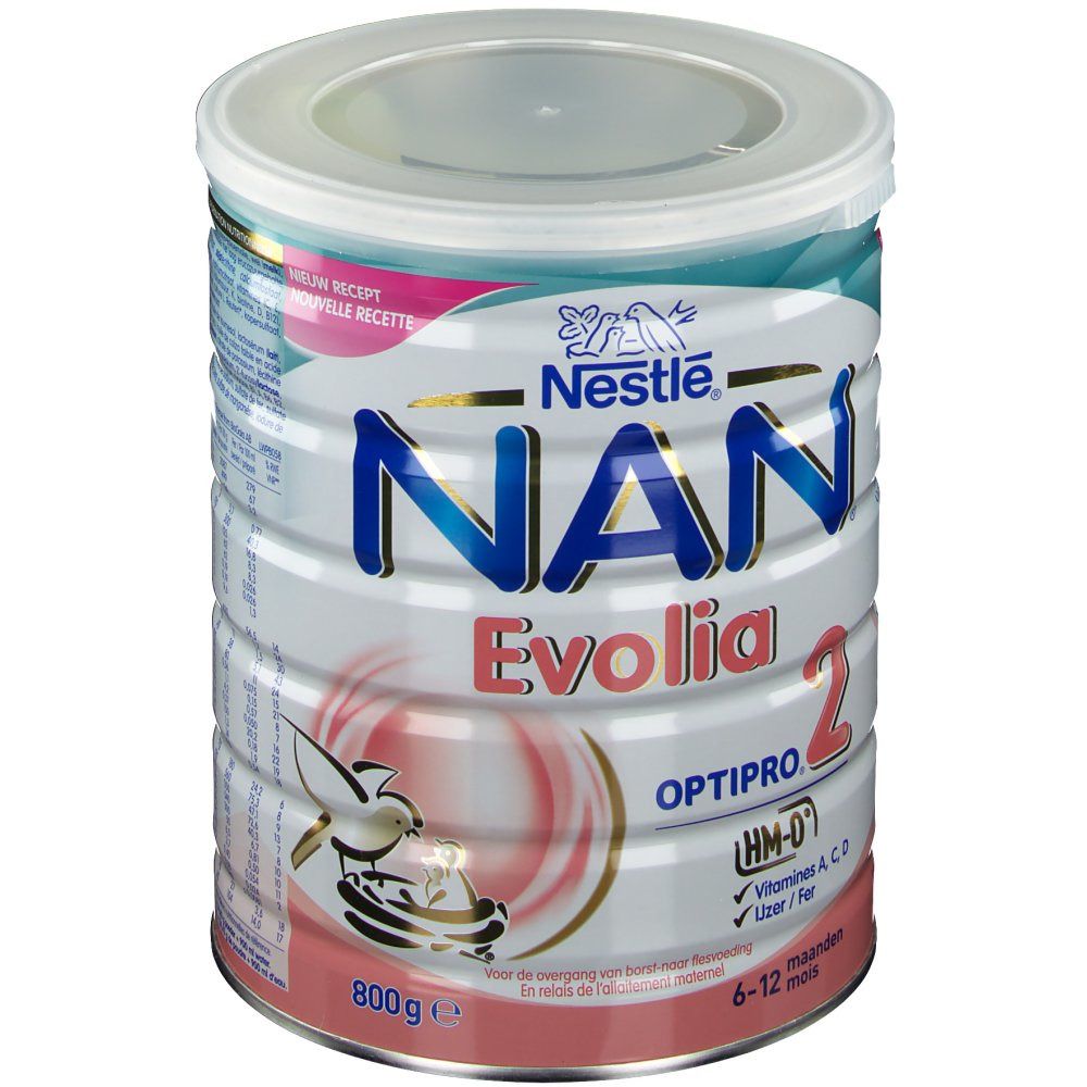 Boîte de lait en poudre avec logo Nestlé et nom du produit NAN Evolia 2 Optipro. 800g, pour 6-12 mois.